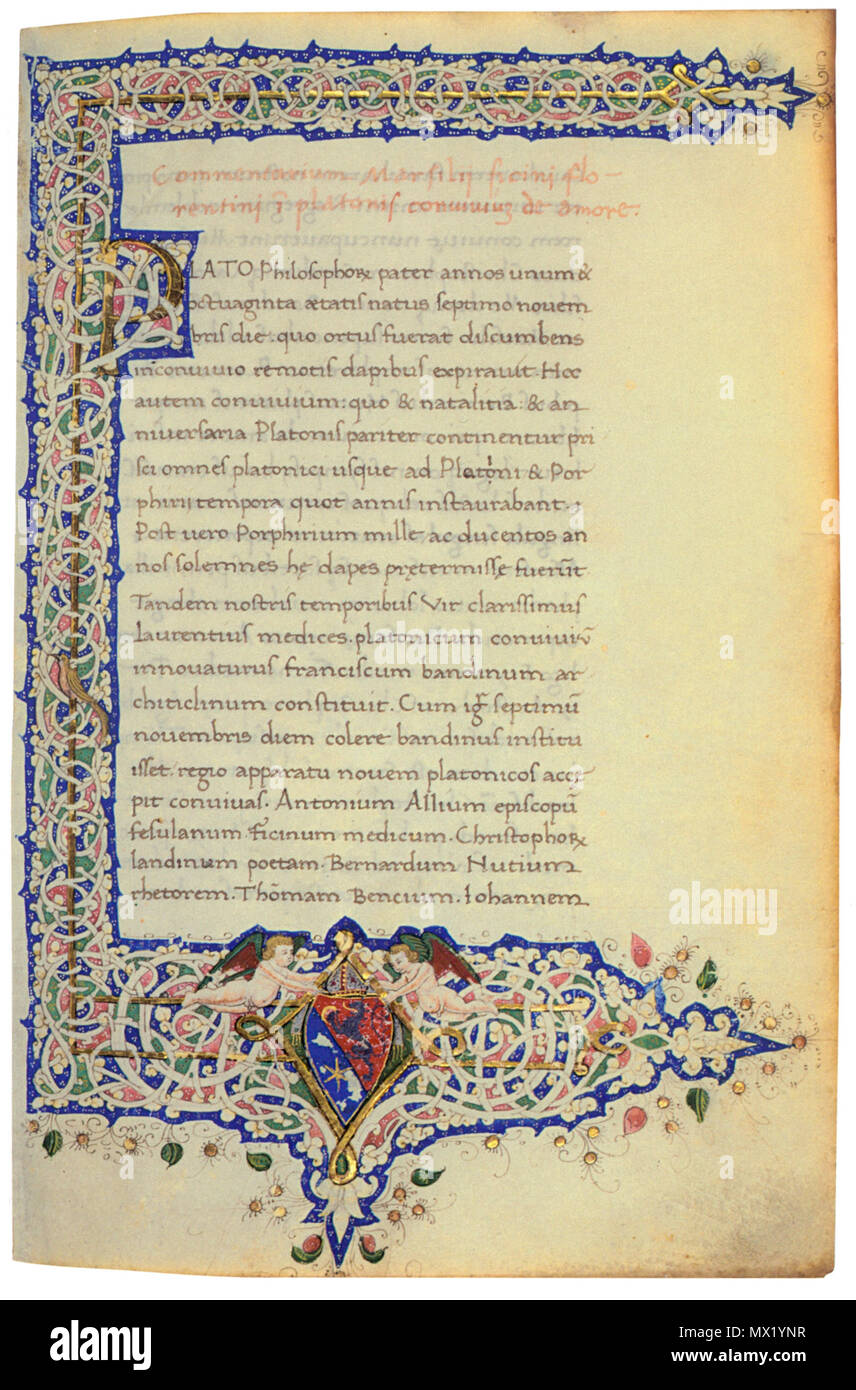. Marsilio Ficino: Commentarium in Convivium Platonis, de amore - dedicato a Janus Pannonius . 1468 136 Codex Marsilio Ficino Foto Stock