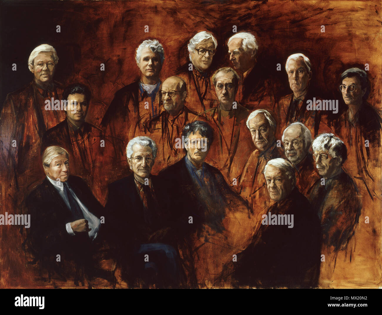 . Inglese: Il Gentleman's Club Nederlands: De Herenclub . Inglese: illustrato: (bancata posteriore): Jan Posch, Adriaan Van Dis, W.L. Brugsma, André Spoor, G.L. van Lennep, Jeroen Henneman; medio: Giulio Roos, Coen Stork, Gerrit Komrij, Cees Nooteboom, Henk Hofland, Reinbert de leeuw; bancata anteriore: Marcel van Dam, Harry Mulisch, Martin Veltman e Hans van Mierlo. . 1995 (vedere firma) 596 il Gentleman's Club (De Heren club) dipinta da Marike Bok Foto Stock