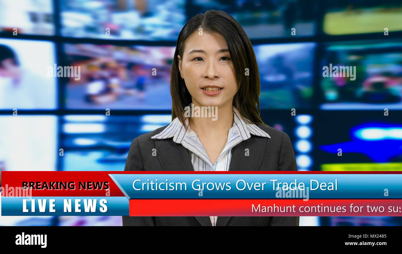 Americano asiatico anchorwoman con terzi inferiore, TV news broadcast concept Foto Stock