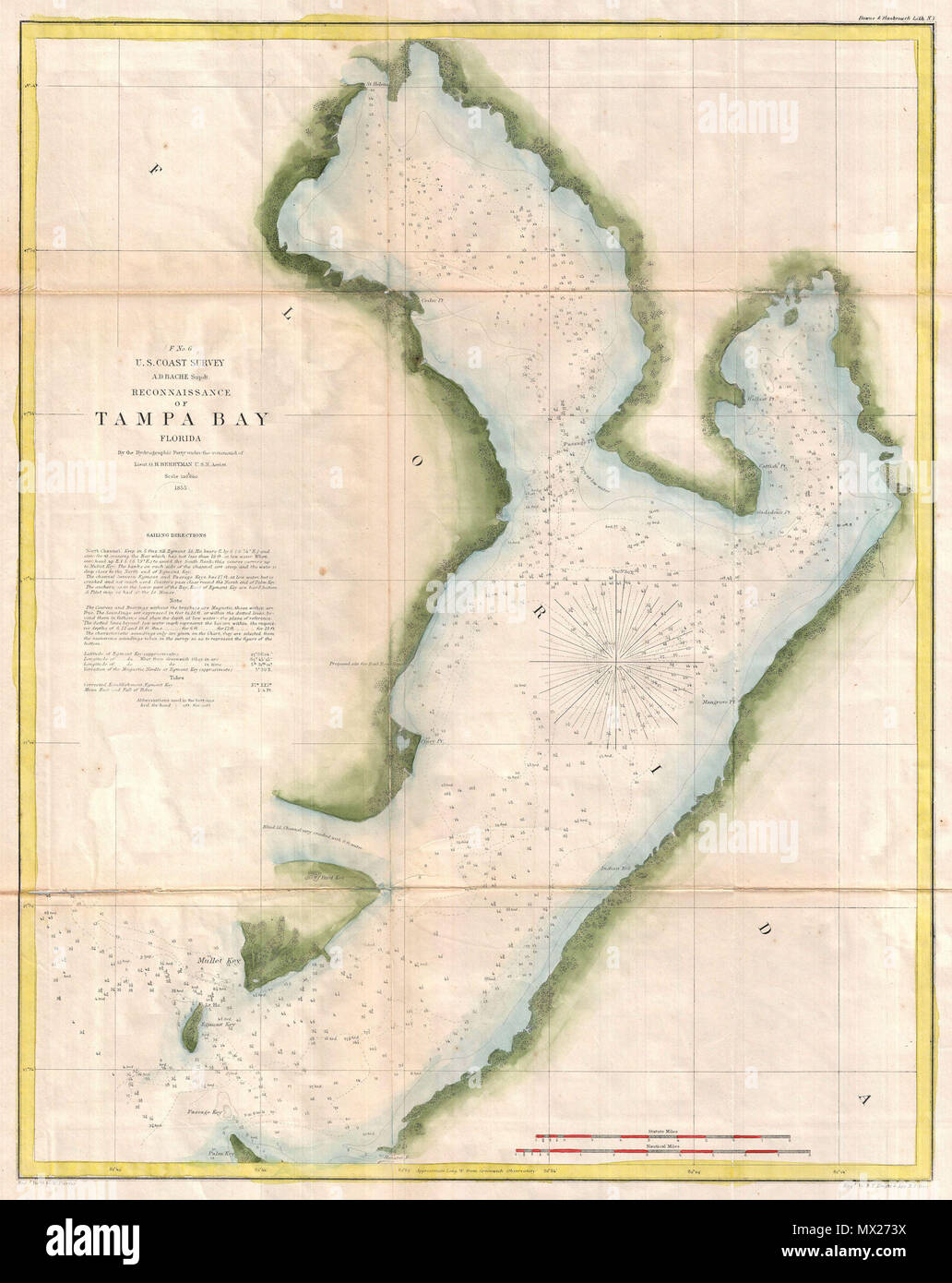 . (F n. 6) ricognizione della baia di Tampa, Florida. Inglese: molto interessante esempio di 1855 U.S. Sondaggio sulla costa di una carta nautica o una mappa di Tampa Bay, Florida. Centrata sul punto di passaggio, Questa cartina copre da Sant'Elena e a sud di Tampa per Triglia di chiave e chiave di Palm. Note della tabella di vari punti di triangolazione e il sito proposto di un deposito ferroviario sulla sponda occidentale. La città di Tampa è notato anche se in questa fase di sviluppo è minima. Innumerevoli gli scandagli di profondità riempire la baia. A sinistra della mappa, al di sotto del titolo, sono dettagliate istruzioni di regata e note sulle maree e barene. Questo è uno dei Foto Stock