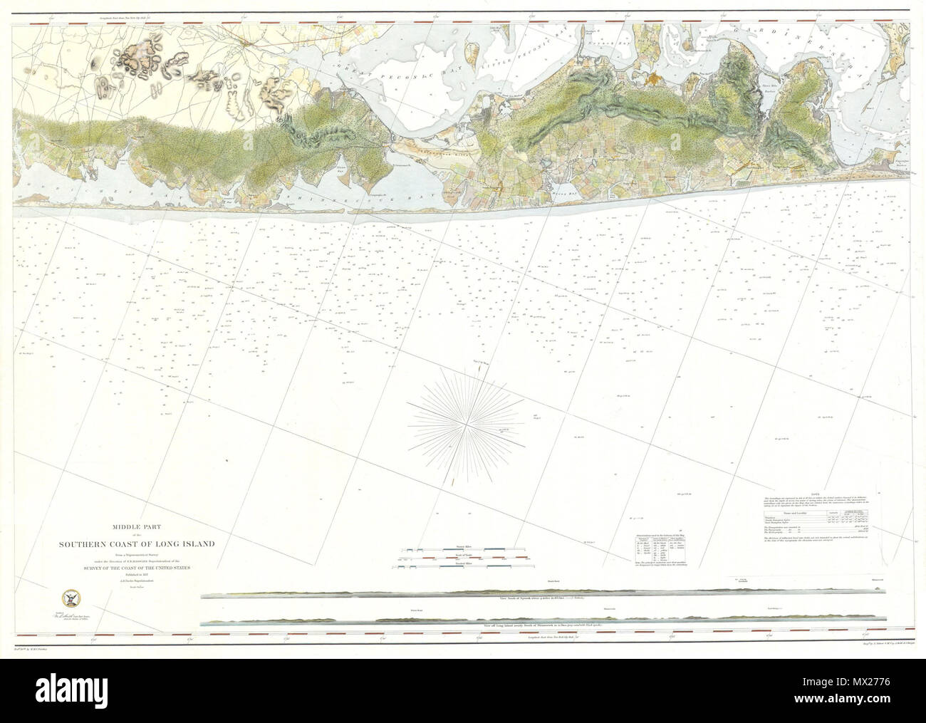 . Nella parte centrale della costa meridionale di Long Island - 1856. Inglese: questo è uno straordinario ed estremamente rare colorate a mano di grande formato grafico di mare o una mappa raffigurante southeastern Long Island, New York in 1856. Dettagli parte della contea di Suffolk da Moriches Bay a Napeague porto, comprese le fughe estive di Sag Harbor, East Hampton Inn Southampton (South Hampton), Quogue, Bridgehampton e Amagansett, tra gli altri. Si estende come lontano nord come Gardiner's Island e collo di porco. Regioni interne sono raffigurati in notevole dettaglio fino ai singoli edifici. In aggiunta alla navigazione dettagli, questo grafico c Foto Stock