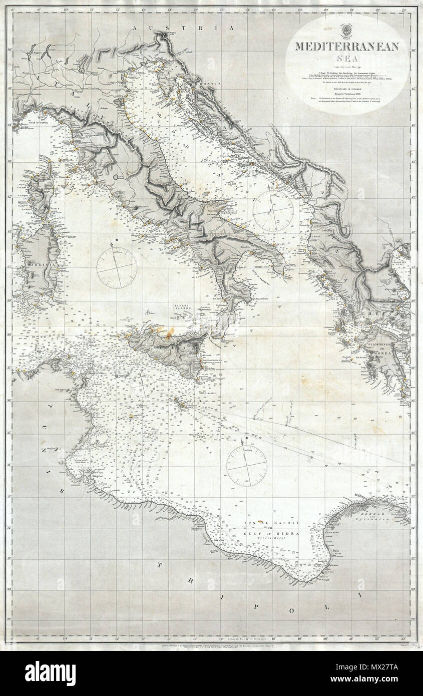 . Mare Mediterraneo da recenti studi. Inglese: una rara ed estremamente attraente mappa nautiche del Mare Mediterraneo centrale rilasciato nel 1868 dall'Ammiragliato inglese. Copre dalla Corsica, Sardegna e Tunisia passato verso est in Italia e in Sicilia per il dettaglio della Grecia e della Costa Adriatica. Si estende a sud per quanto riguarda il golfo di sidra. Entrambe le caratteristiche nautiche ed entroterra dettaglio rilevando entrambi elementi topografici e migliaia di scandagli di profondità (in braccia). Importanti porti, Isola e punti di navigazione sono attentamente osservato. Admiralty Chart n. 2718b. Incisi da J & C Walker per il British Admira Foto Stock