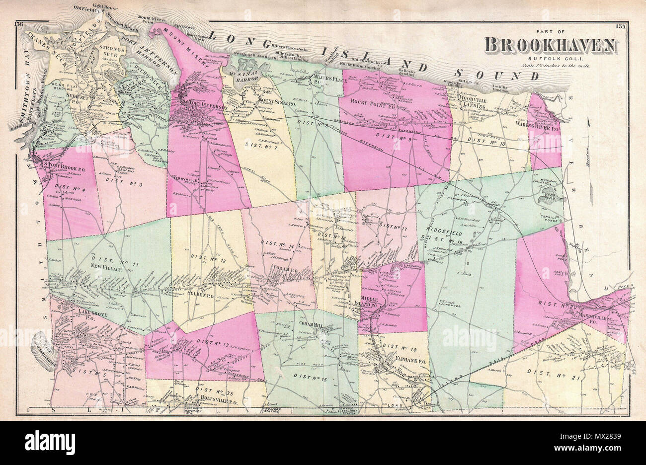 . Parte di Brookhaven Sufffolk Co. L.I. Inglese: un esempio di scarsa di Fredrick W. birre" mappa della parte settentrionale della Brookhaven, Long Island, New York. Pubblicato in 1873. Copre circa dalla baia di Smithtown e gru collo verso est per quanto Manorville e guadare il fiume. Mostra la Smithtown e Jefferson Railroad come pure estensioni proposte della ferrovia di Long Island voce verso est. Dettagliata per il livello dei singoli edifici e proprietà con i titolari di terra rilevato. Questo è probabilmente il migliore atlas mappa del nord di Brookhaven Long Island, a comparire nel XIX secolo. Preparato da birre, Foto Stock