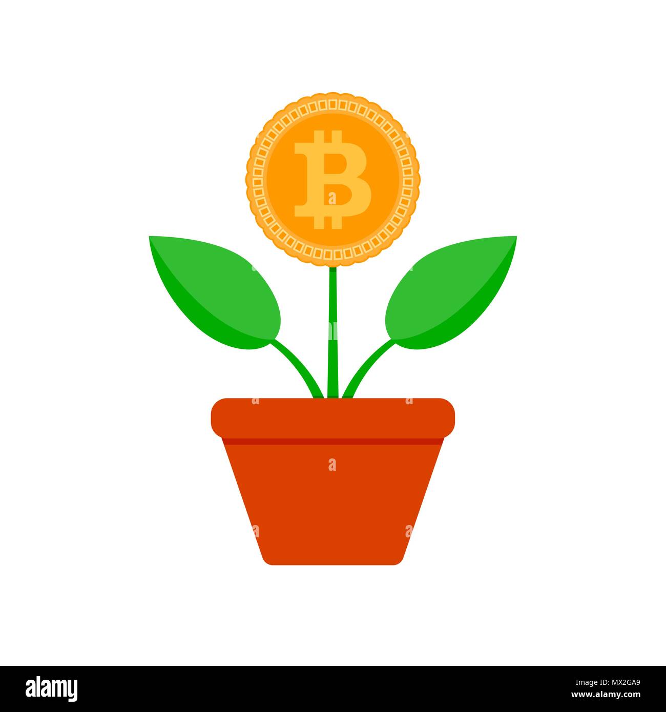 La crescita della moneta di bit. Crypto pianta in vaso. Vector bitcoin finanza, finanziario crypto crescente, btc utile aumento illustrazione Illustrazione Vettoriale