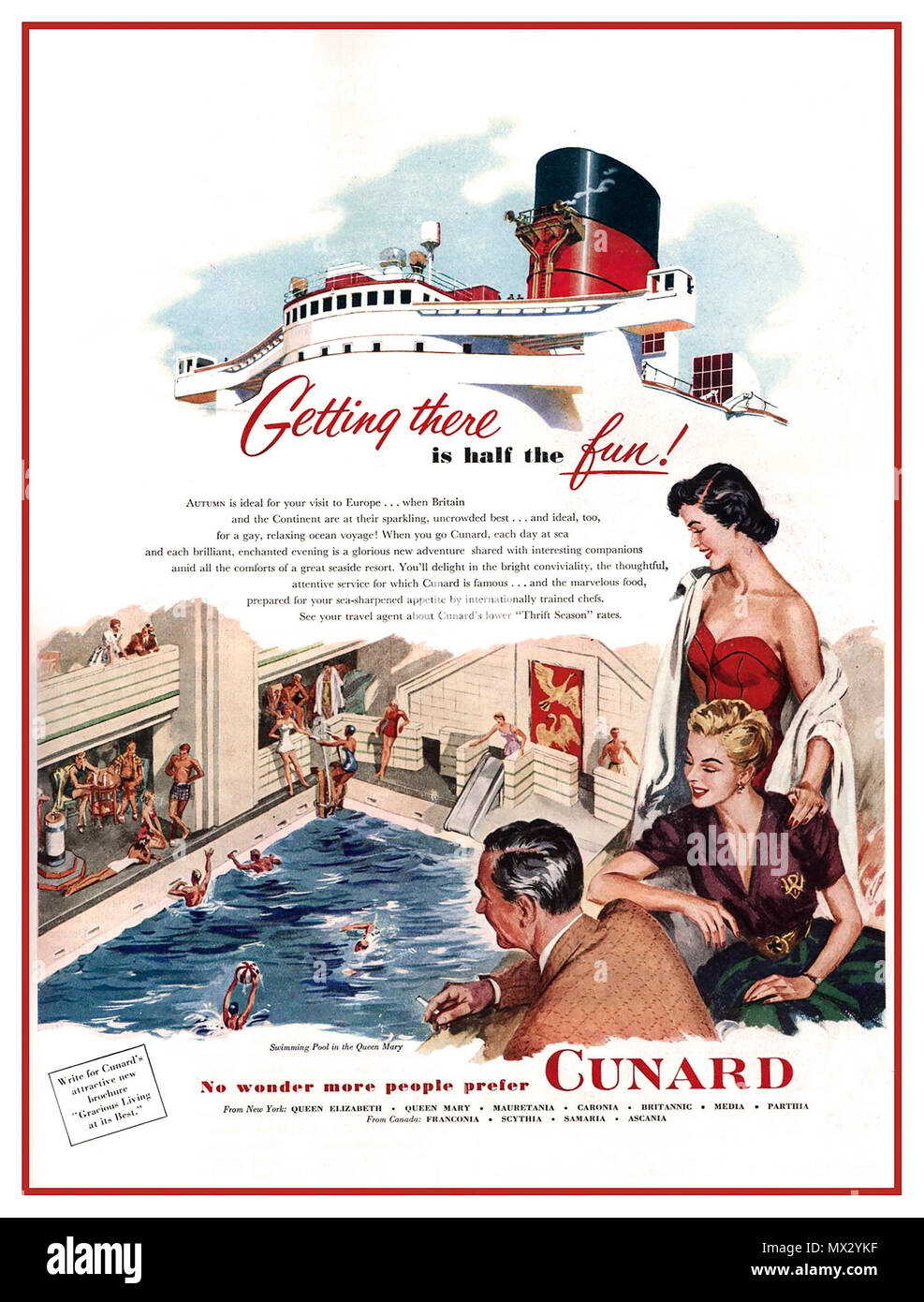 Anni Cinquanta vintage nave da crociera Cunard Line poster ' arrivare è la metà del divertimento" "Non chiedo di più persone preferiscono Cunard' Foto Stock