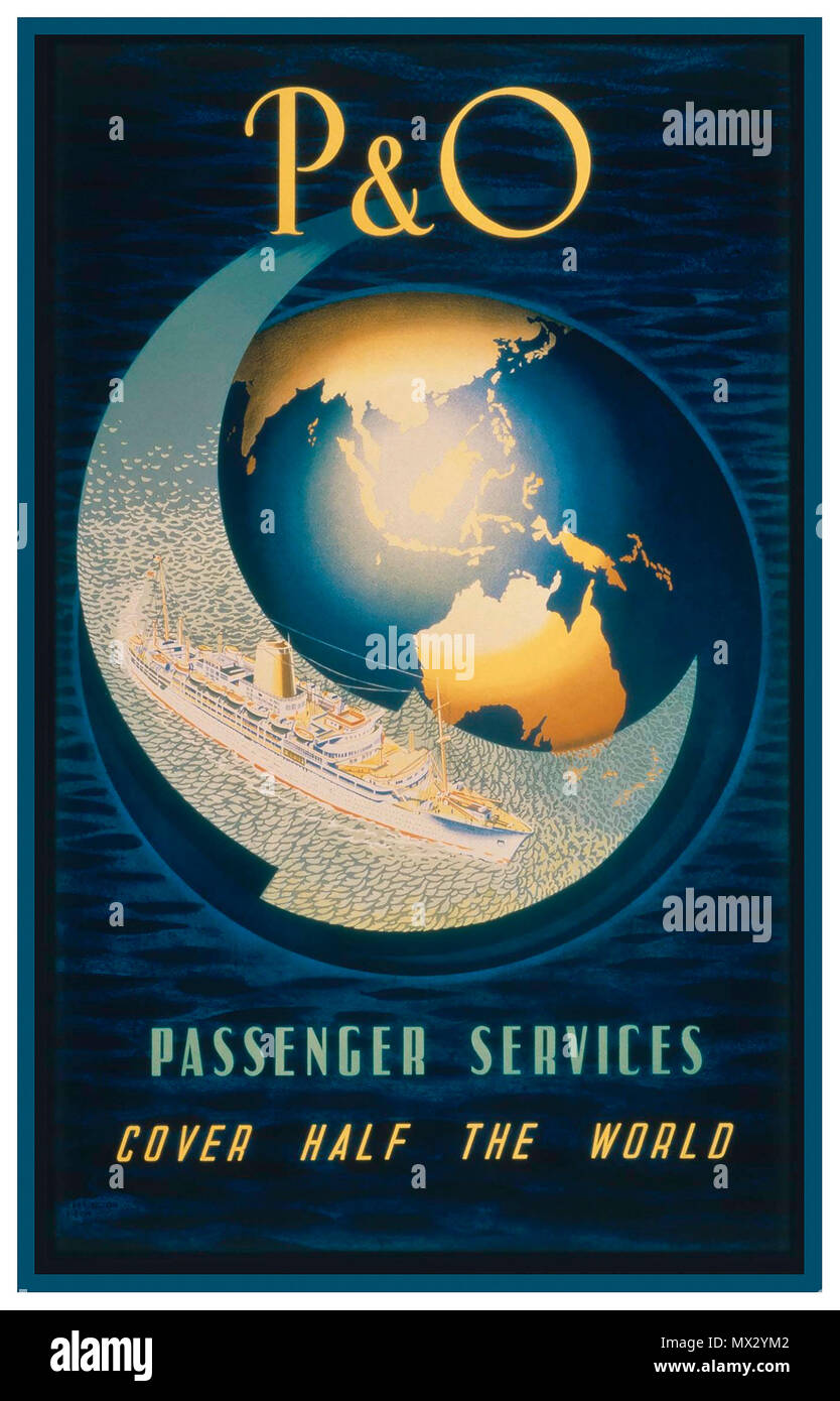 Viaggi Vintage poster litografia di anni cinquanta la crociera della nave a vapore Liner 'P&O servizi passeggeri coprire la metà del mondo' progettato da Carrington betulla per prestigiose P & O LINEA DI SPEDIZIONE Foto Stock