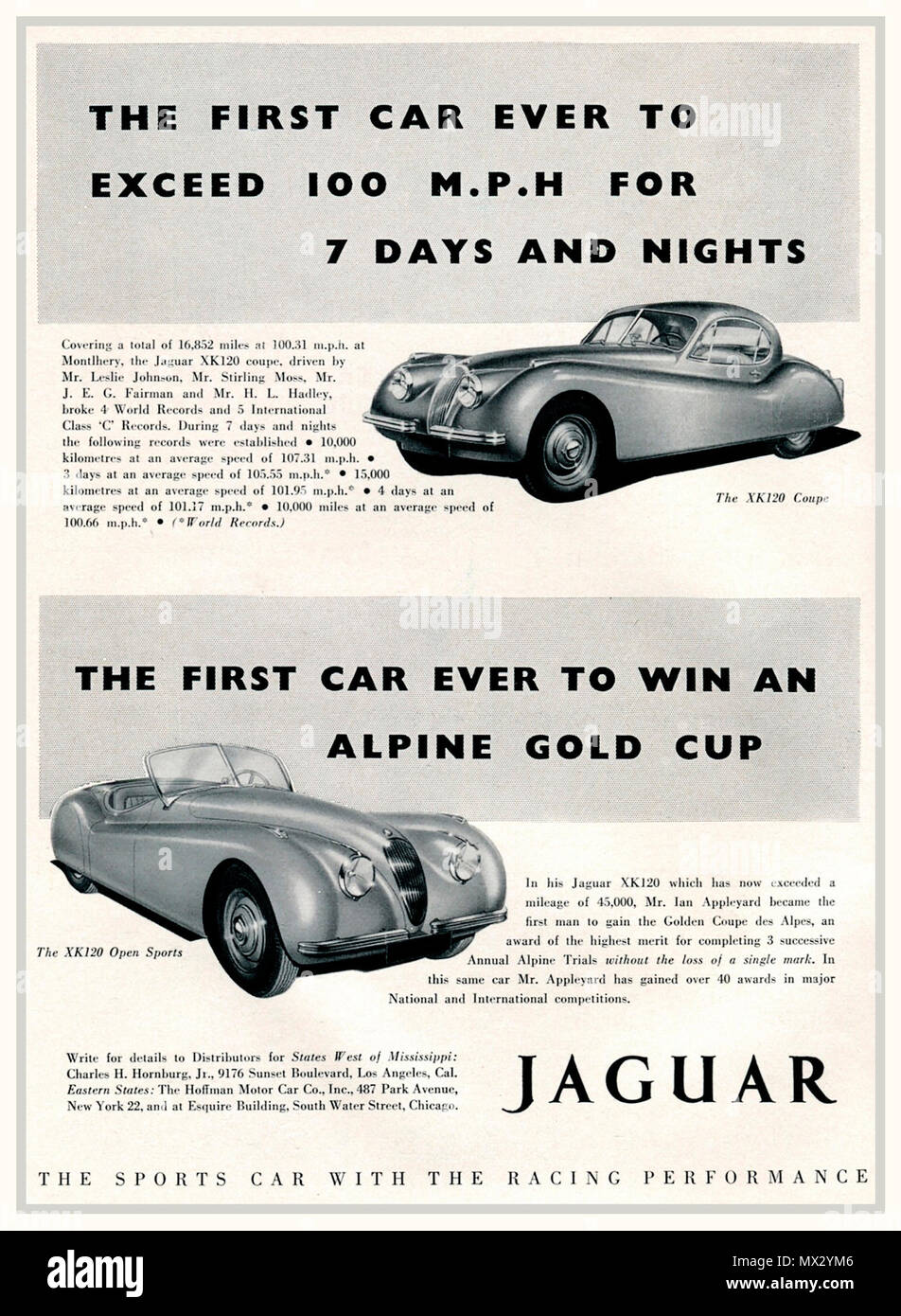 1950 Vintage pubblicità per Jaguar XK120 super sports cars il coupé e sport aperto "La produzione più veloce auto sportiva nel mondo, in primo luogo a superare i 100km/h per 7 giorni e notti gara endurance. La più straordinaria vettura della sua generazione progettato e costruito in Gran Bretagna REGNO UNITO Foto Stock