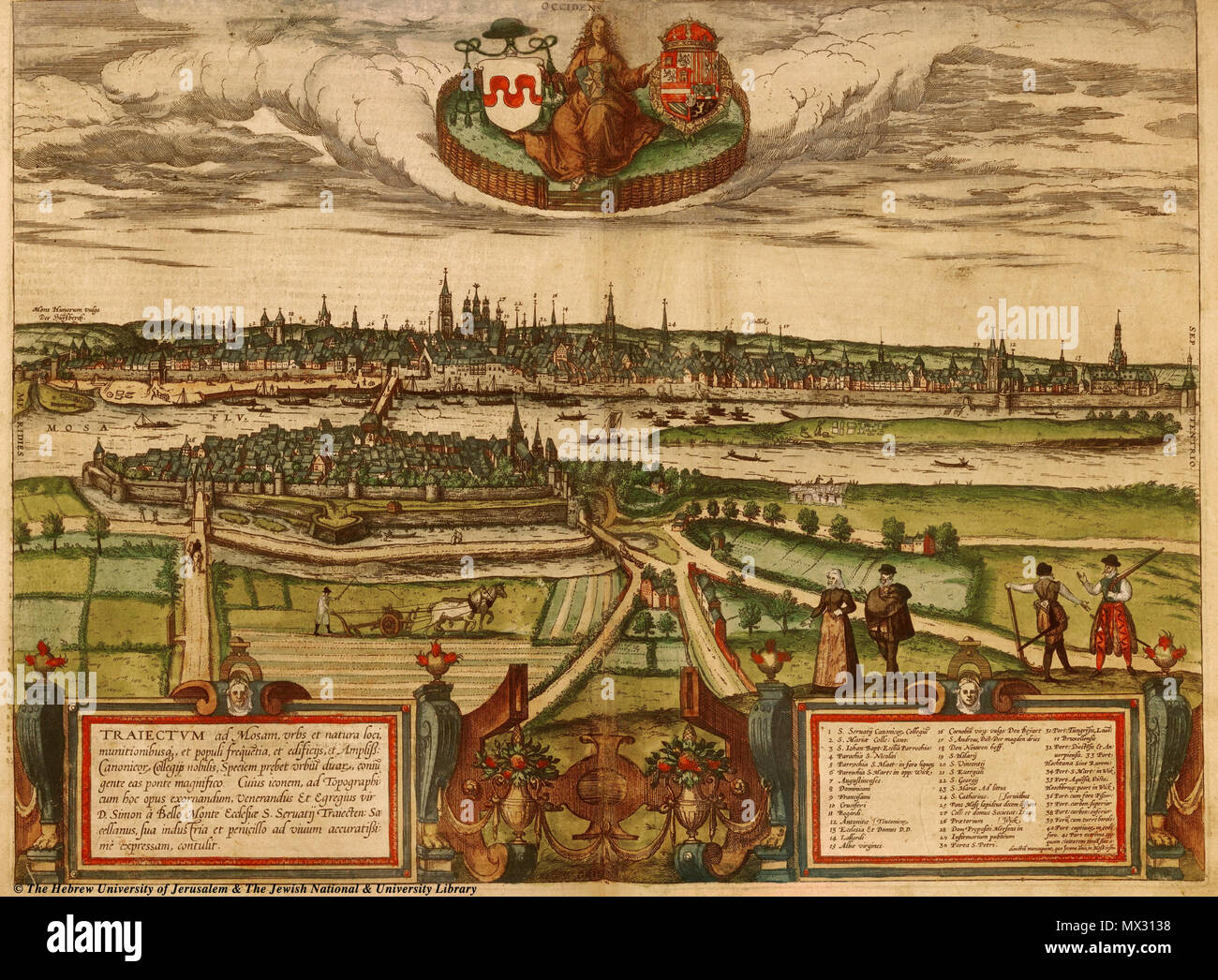 . Inglese: veduta della città di Maastricht, Olanda, intorno al 1570. Panorama della città da Simon de Bellomonte, c 1570, pubblicato nel 1575 in parte 2 di Braun & Hogenberg del Atlante di città del mondo Civitates orbis terrarum. 13 maggio 2014, 23:43:44. Simon de Bellomonte, c 1575 5 1581braun hogenberg II 21 b Foto Stock