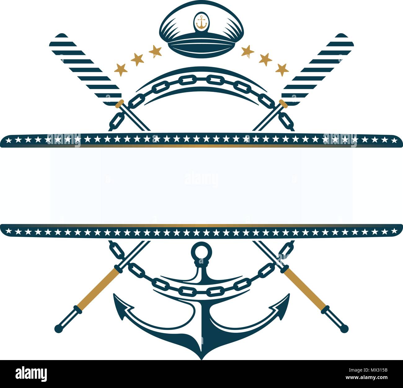 Elemento di ancoraggio, remo, catena di ancoraggio, capitani hat icone del design. Etichetta nautico su sfondo bianco. Illustrazione Vettoriale