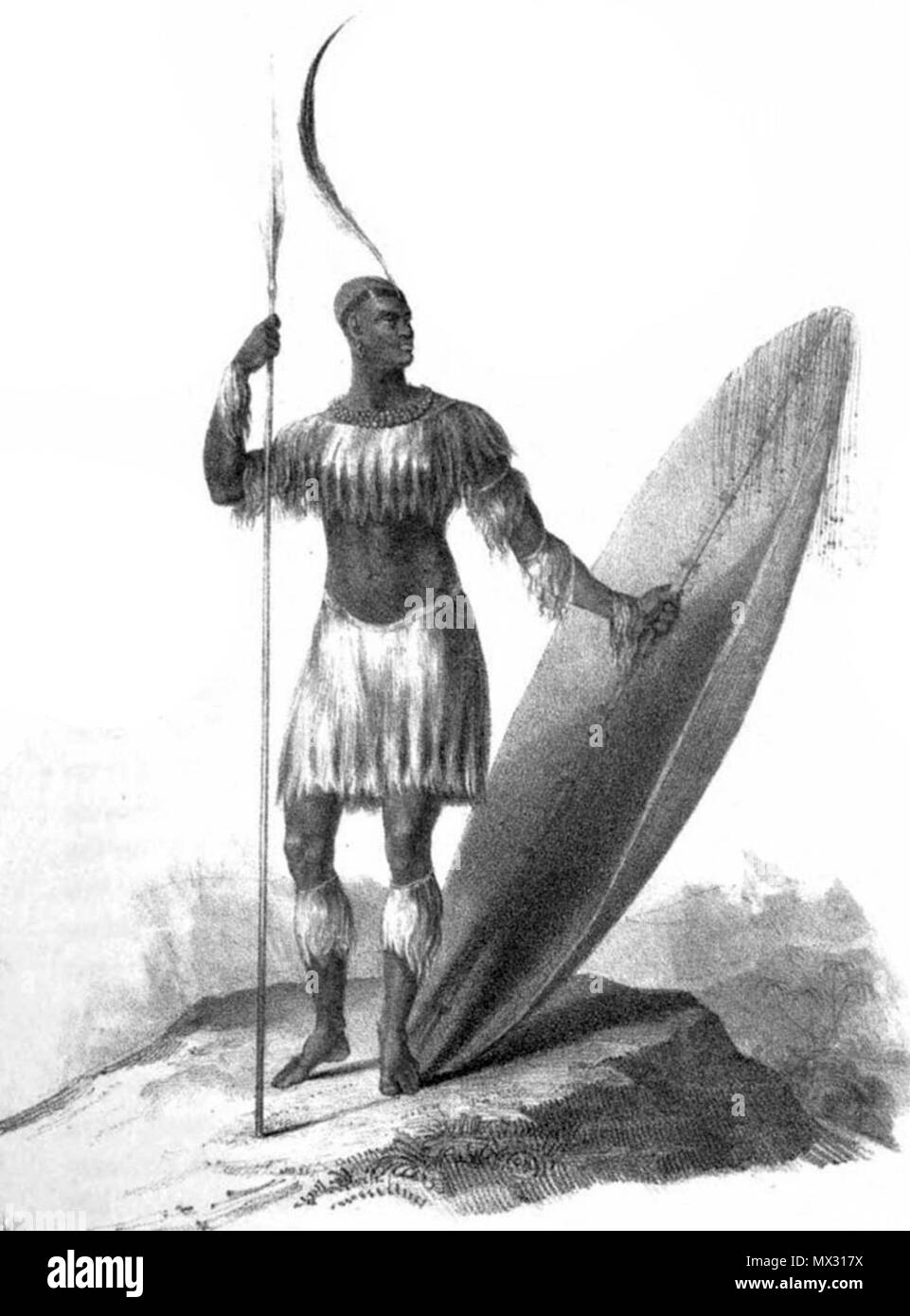 . Inglese: schizzo del re Shaka (1781 - 1828) dal 1824. Attribuito a James King, è apparso in Nathanial Isaacs' 'Viaggi e avventure in Africa orientale", pubblicato nel 1836. Українська: Эдине відоме зображення ватажка Шака Зулу (1781 - 1828) зроблене сучасником Джеймсом Кінгом у 1824 . 1824. James re 341 KingShaka Foto Stock