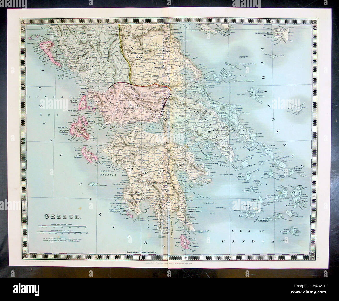 . Questo inciso, doppia pagina originale colorata a mano mappa della Grecia è stato inciso da John Dower nel 1834 - la data è incisa al piede della mappa - ed è stato pubblicato nel 1835 edizione di Henry Teesdale un nuovo Generale Atlante del mondo. 1834, pubblicato 1835. John Dower 7 1834 Teesdale mappa della Grecia Foto Stock