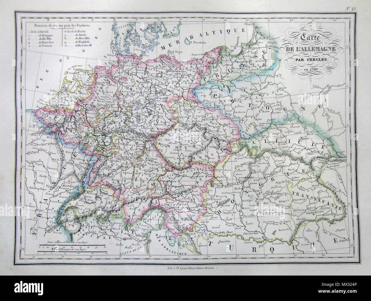 . Carte de L'Allemagne par Cercles en 1789. Inglese: questa è una bella 1837 colorate a mano mappa del nord della Germania comprende le regioni di Hannover, Sassonia, Ungheria, Transilvania, parti della Prussia, in Polonia e in Galizia. Datato 1789, ma dal 1837 impressum. Tutto il testo è in francese. . 1837 7 1837 Malte-Brun mappa della Germania - Geographicus - GermanyNorth-mb-1837 Foto Stock