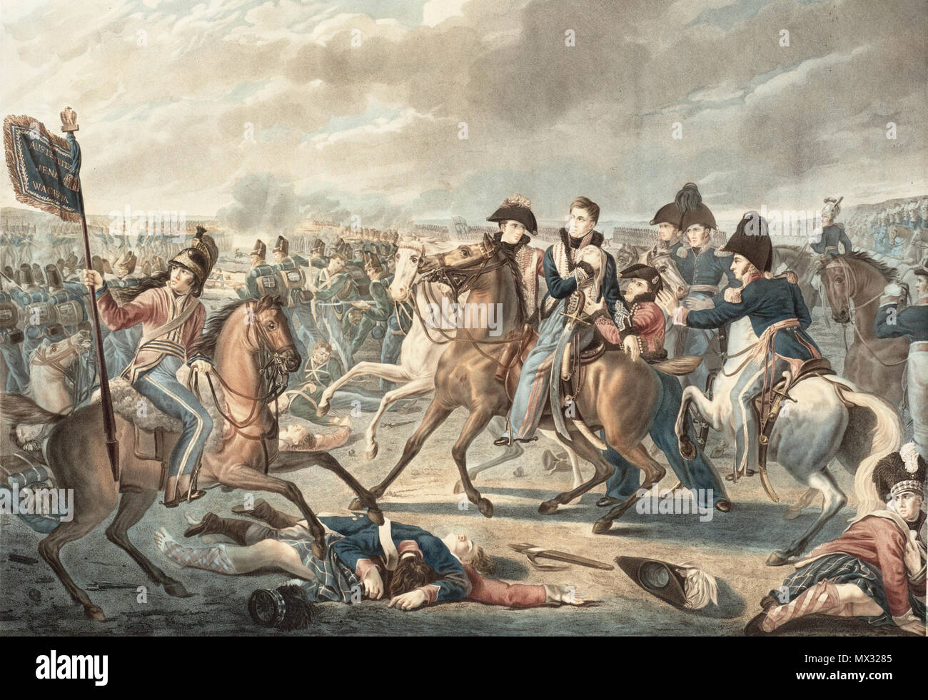 . Inglese: Il pregiudizio per il principe di Orange a Waterloo (1815) Nederlands: De verwonding van de prins van Oranje bij Waterloo (1815) Deutsch: Die Verwundung Prinz Wilhelms von Oranien bei Waterloo . 1817. Senus, Willem van /Odevaere, Giuseppe 502 principe Guglielmo d Orange viene ferito alla spalla Foto Stock