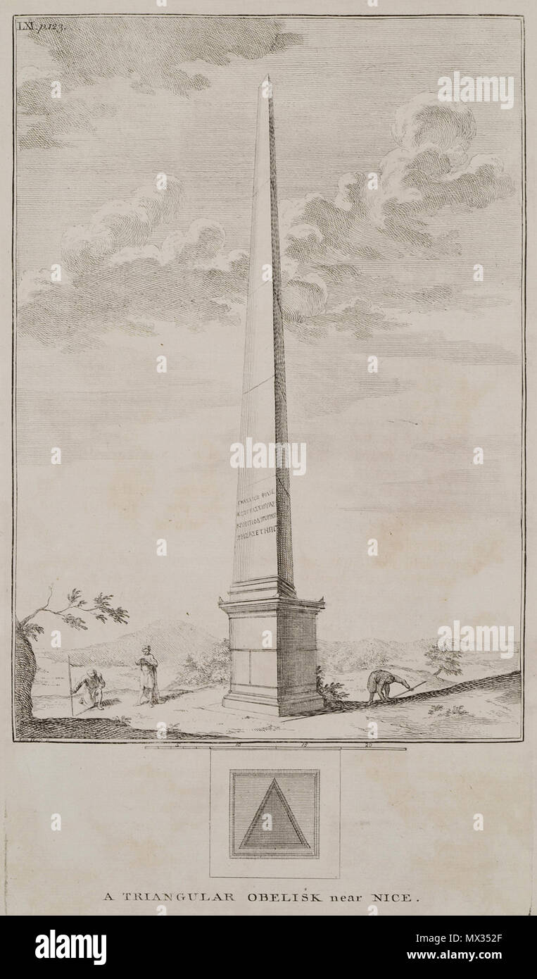 . Inglese: Richard Pococke. Una descrizione di Oriente e di alcuni altri paesi, Londra, W. Bowyer, MDCCXLV (1743-1745) . 1743. Richard Pococke (1704-1765) Descrizione British sacerdote anglicano, egittologo, scrittore di viaggi, archeologo e scrittore vescovo irlandese Data di nascita e morte 19 novembre 1704 25 Settembre 1765 Luogo di nascita e morte Southampton Charleville Castle competente controllo : Q1291915 VIAF: 54245430 ISNI: 0000 0000 7975 5633 ULAN: 500109735 LCCN: nr91021516 GND: 11768757X WorldCat 22 un obelisco triangolare vicino a Nizza - Richard Pococke - 1745 Foto Stock