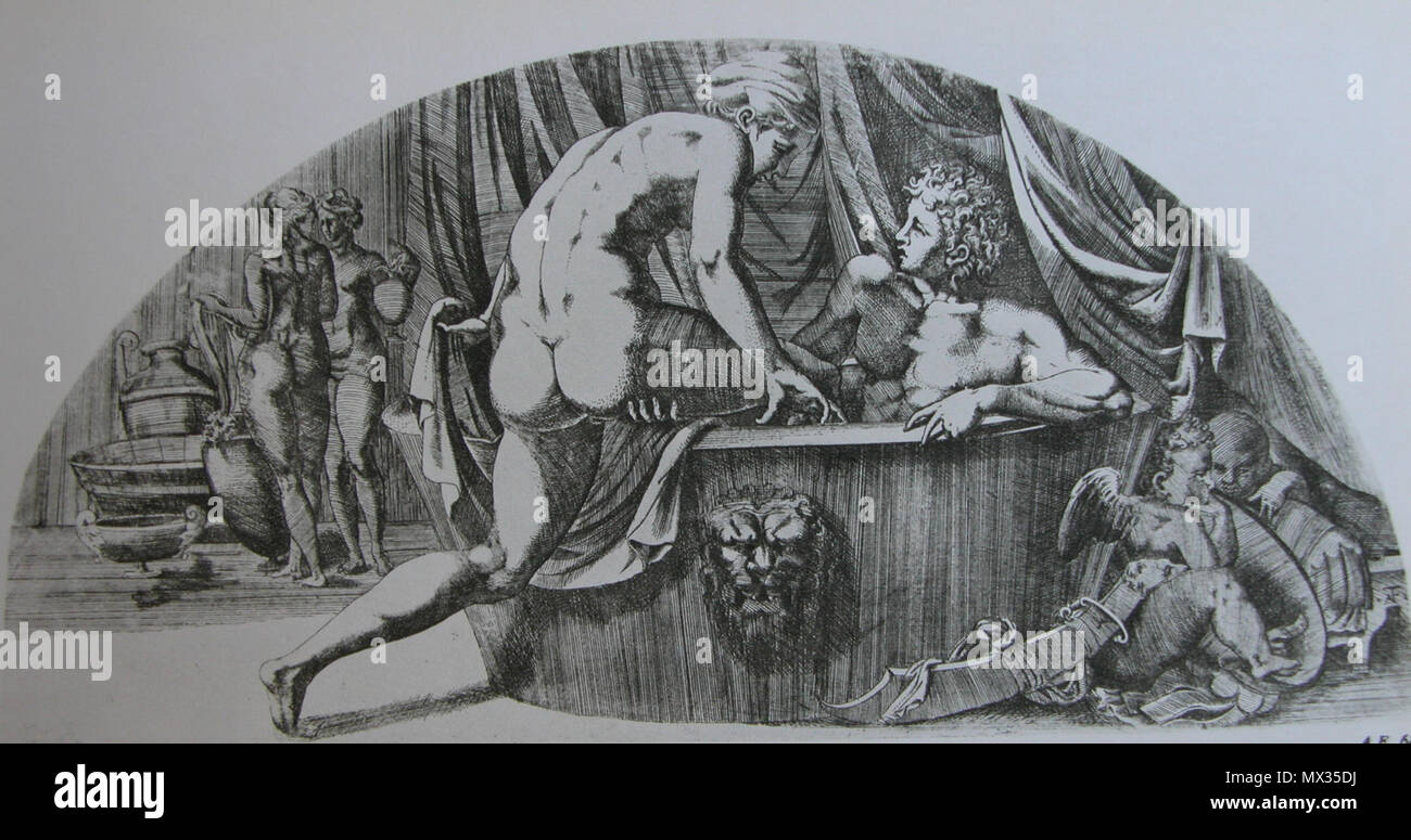 . Inglese: Marte e Venere la balneazione, attacco, Bartsch 19, Herbet 54, Zerner 68 n. 44 in Boorsch, Suzanne, in: Jacobson, Karen (DE), (spesso erroneamente cat. come George Baselitz), il Rinascimento francese nelle stampe, 1994, Grunwald Center, UCLA, ISBN 0962816221 . dopo il 1543. Antonio Fantuzzi (attivo nel 1540s) 401 Marte e Venere la balneazione, AntonioFantuzzi Foto Stock