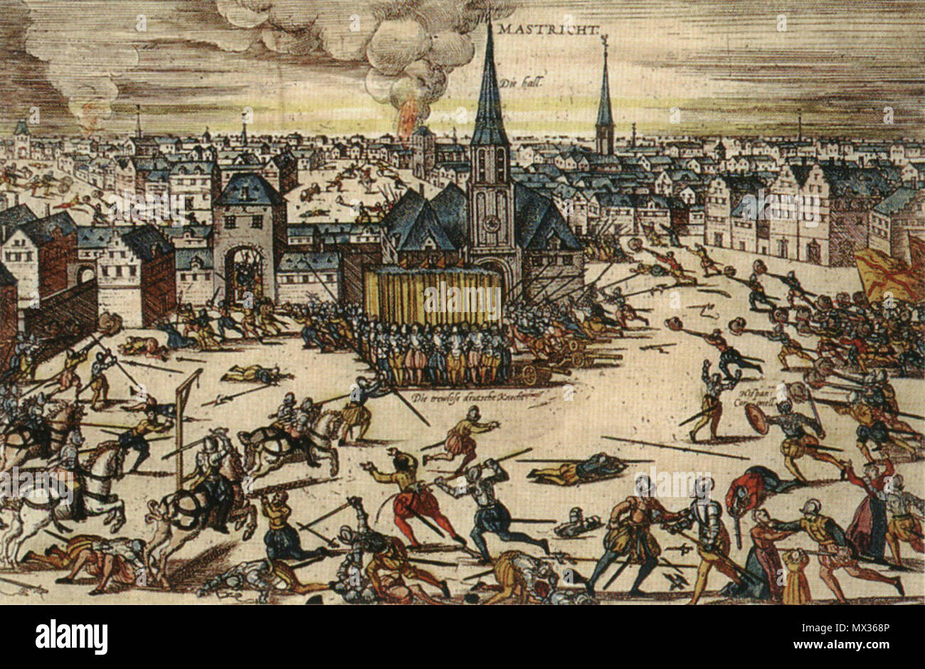 . Inglese: Vista della cosiddetta furia spagnola a Maastricht nel 1576 durante gli ottanta anni di guerra. Qui: Spagnolo le truppe combattenti civili per la città è la piazza del mercato. 19 giugno 2014, 19:06:47. Artista sconosciuto 385 Maastricht, 1576, Spaanse Furie Foto Stock