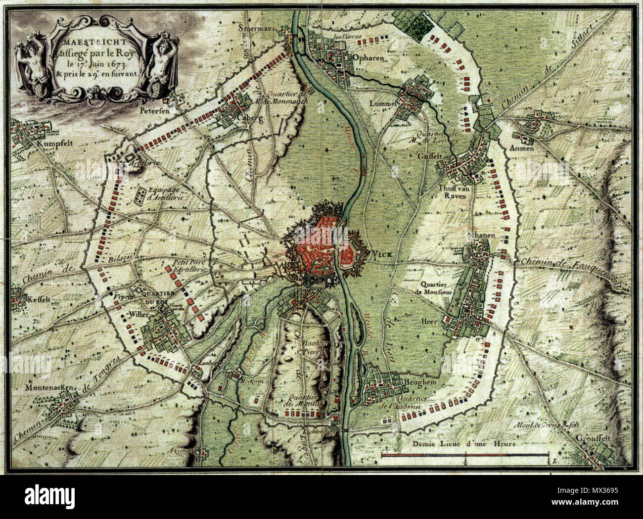 . Inglese: Mappa di 1673 che mostra il circumvallation opere dell'esercito del re di Francia Luigi XIV che ha isolato la città sotto assedio di Maastricht e costretto ad arrendersi dopo due settimane. 19 giugno 2014, 19:10:46. Artista sconosciuto 6 1673 Beleg van Maastricht, porta circumvallatie Franse troepen Foto Stock