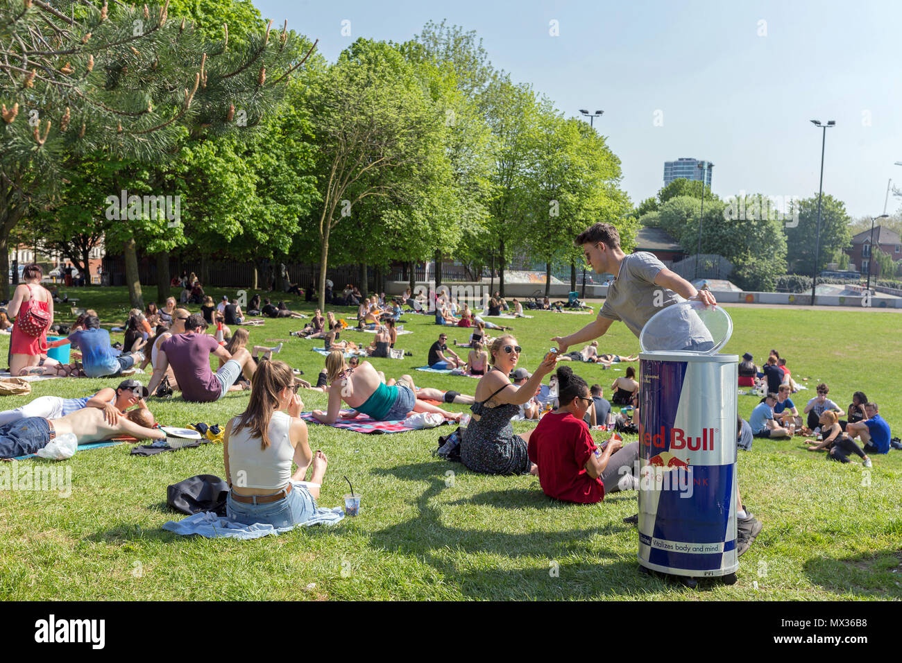 Un giovane uomo mani lattine di Red Bull energy drink rilassanti per gli stranieri in Devonshire verde in Sheffield. Giovani folle seduto su erba, giornata di sole Foto Stock