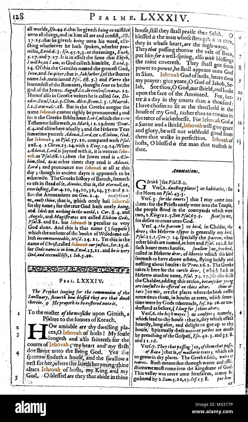 . Inglese: Estratto da Henry Ainsworth di lavoro denominato annotazioni su cinque bookes di Mosè, booke del Psalmes, e il Cantico dei cantici o, cantici (p. 128, pubblicato in 1627), utilizzando e commentando il nome divino Iehovah ("Signore' in Inglese moderno). Il 18 gennaio 2009. Pvasiliadis 31 AINSWORTH HENRY 1627 annotazioni su cinque bookes di Mosè booke del Psalmes e il Cantico dei cantici o cantici p 128 IEHOVAH Foto Stock