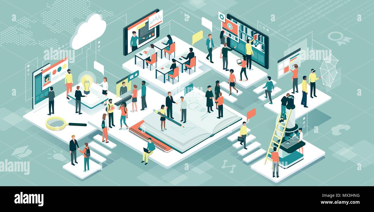 Gli studenti universitari, ricercatori e professori che lavorano insieme: istruzione, apprendimento on line e il concetto di tecnologia Illustrazione Vettoriale