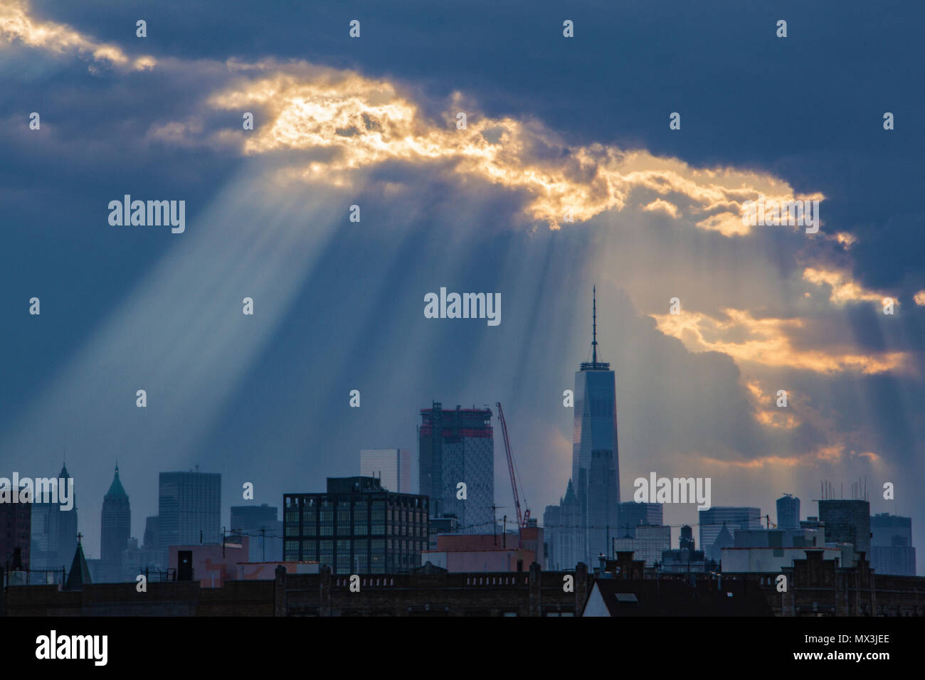 Vista della parte inferiore di Manhattan da Williamsburg, Brooklyn. Foto Stock