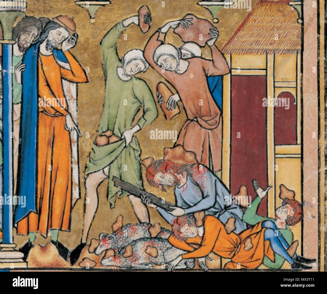 . Inglese: Acan & la sua famiglia lapidati a morte, Maciejowski Bibbia, xiii c. Il XIII secolo. 25 sconosciuto AcanStone-Maciejowskila Bibbia Foto Stock