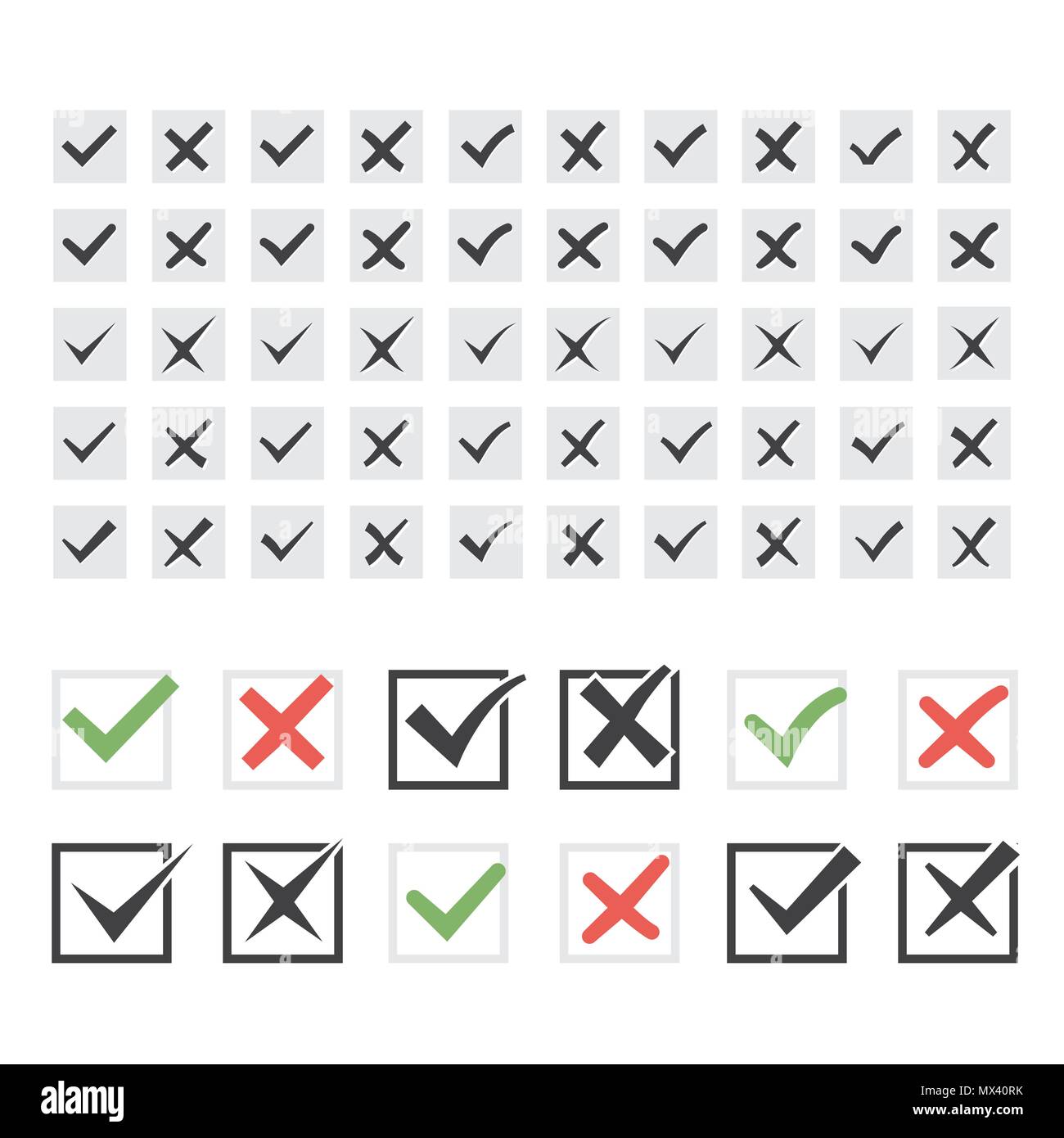 Set di venticinque diversi vettore nero tick o segni di spunta e rifiutare il set di icone nel riquadro grigio conferma positiva di accettazione superato il voto d'accordo Illustrazione Vettoriale