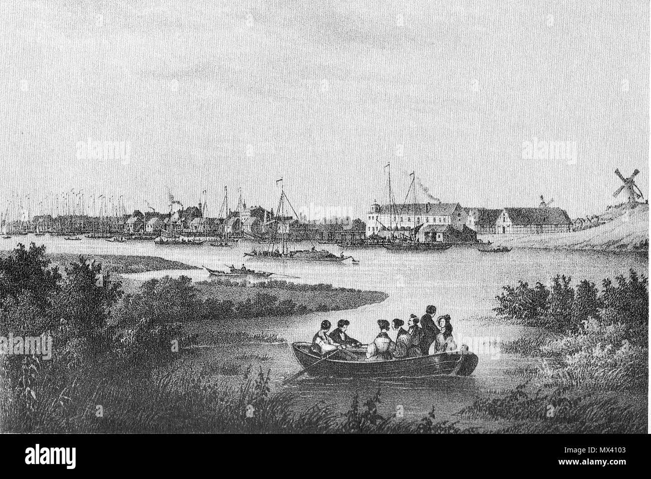 . Historische Ansicht von Wittenberge nel Land di Brandeburgo. Stahlstich. circa 1850. L. Rohbock, Joh. Poppel 49 Ansicht Wittenberge um 1850 Foto Stock