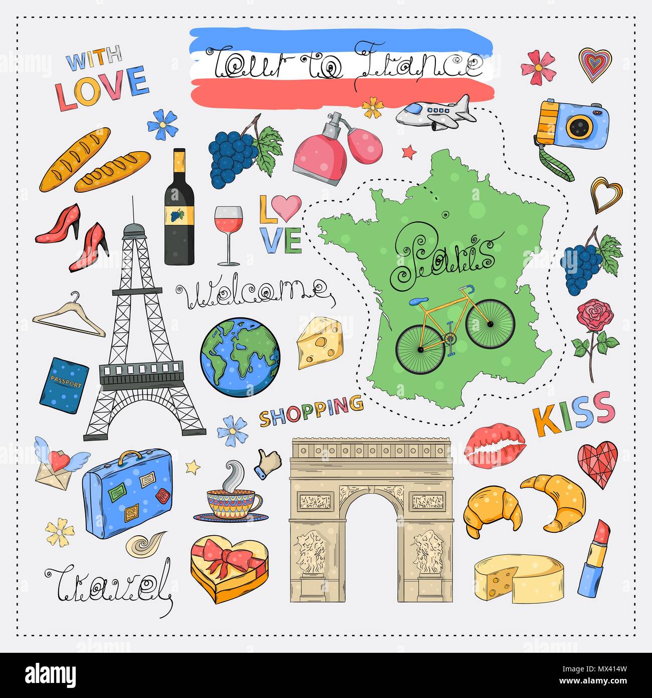 Tour in Francia icon set.mano disegnare doodle segno collection.vacanza a Parigi Illustrazione Vettoriale