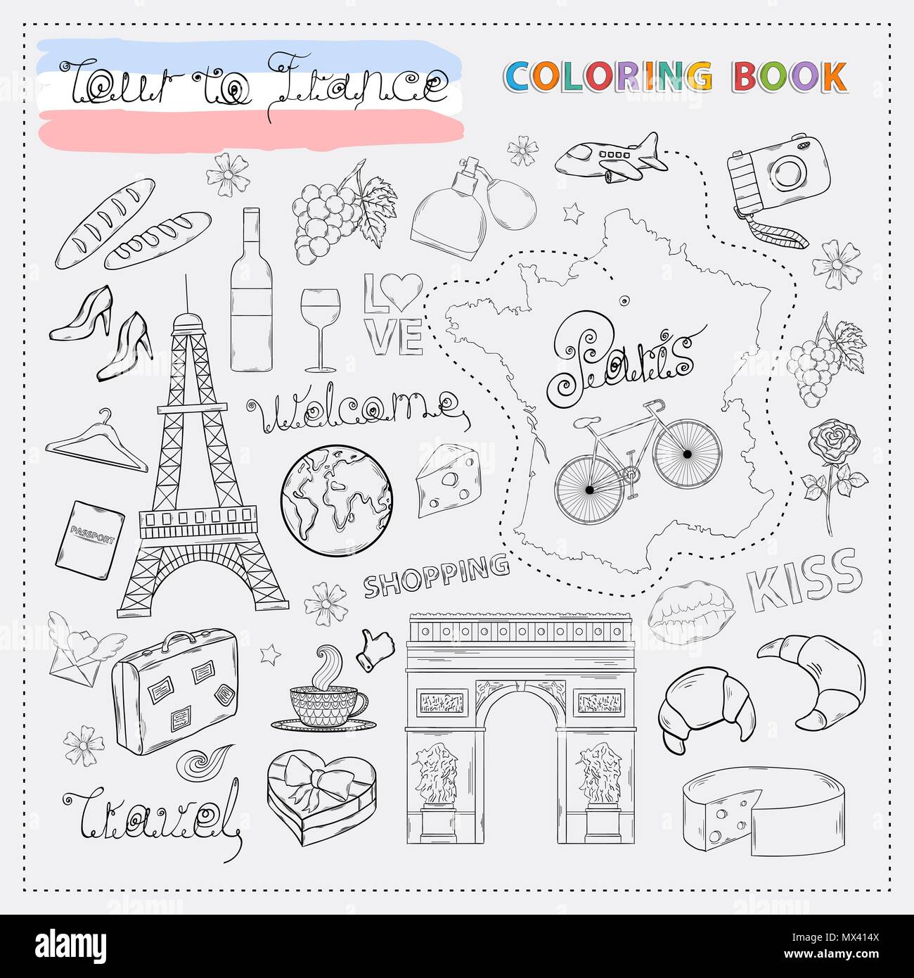Francia tour icon set.mano disegnare doodle segno collection.Colorin prenota viaggi in Francia Illustrazione Vettoriale