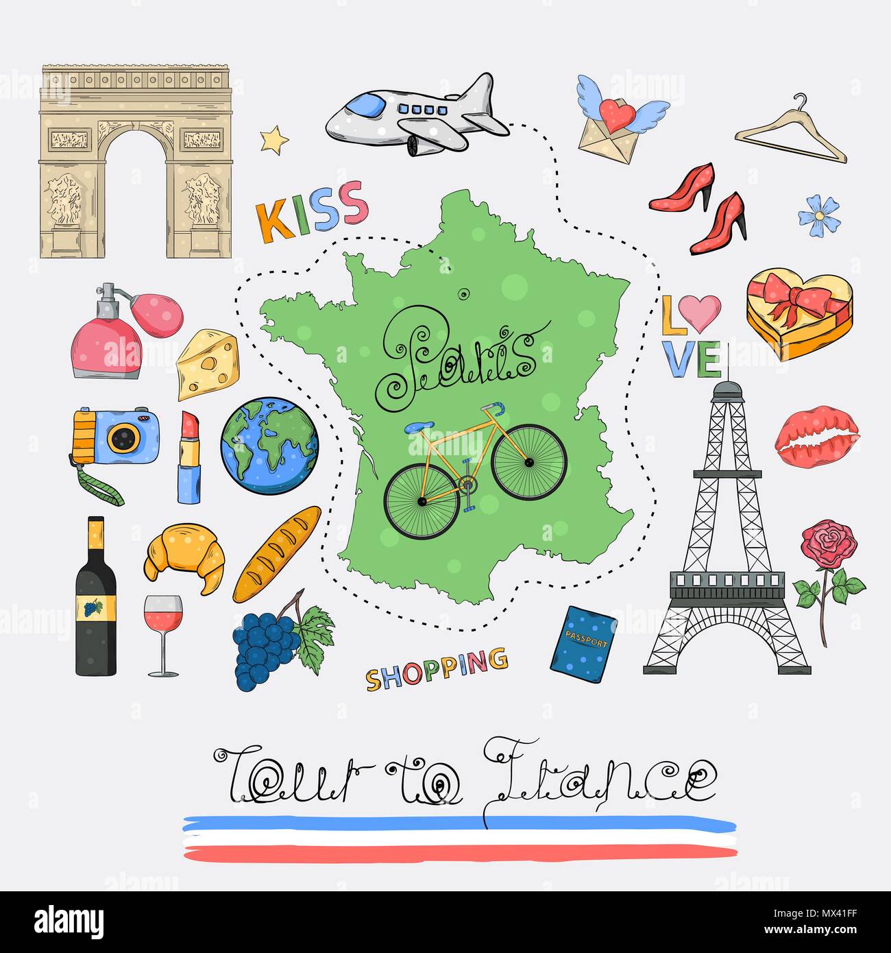 Tour in Francia icon set.mano disegnare doodle segno collection.vacanza a Parigi Illustrazione Vettoriale