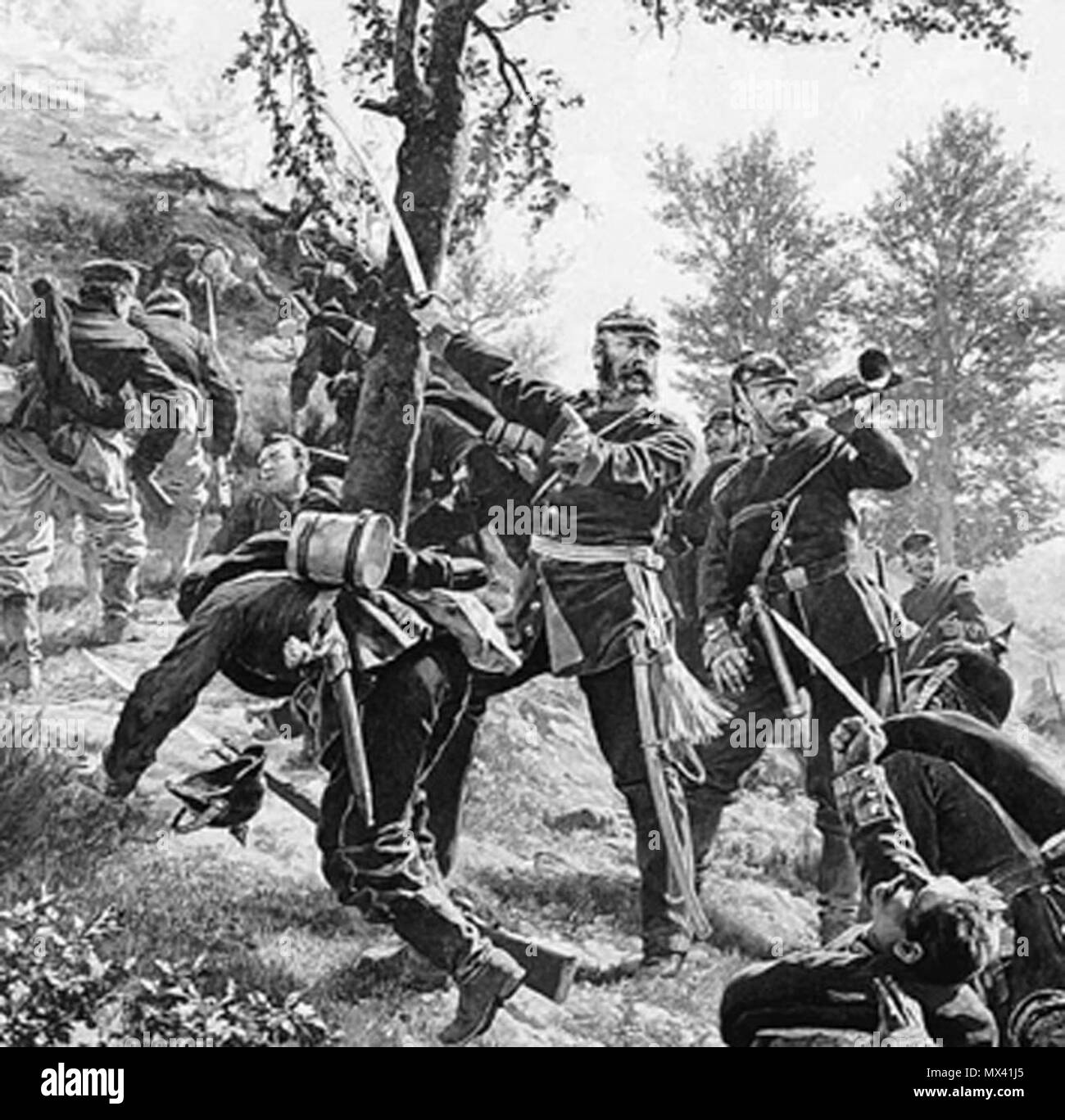 . Deutsch: Schwarz-Weiss Repro (Ausschnitt) des im colorierten originale Gemäldes "Bruno von François erstürmt am 6. Agosto 1870 den Roten Berg von Spicheren" von Anton von Werner (1843-1915) aus dem Jahr 1880. . 1880 51 Anton von Werner Spicheren Ausschnitt Foto Stock