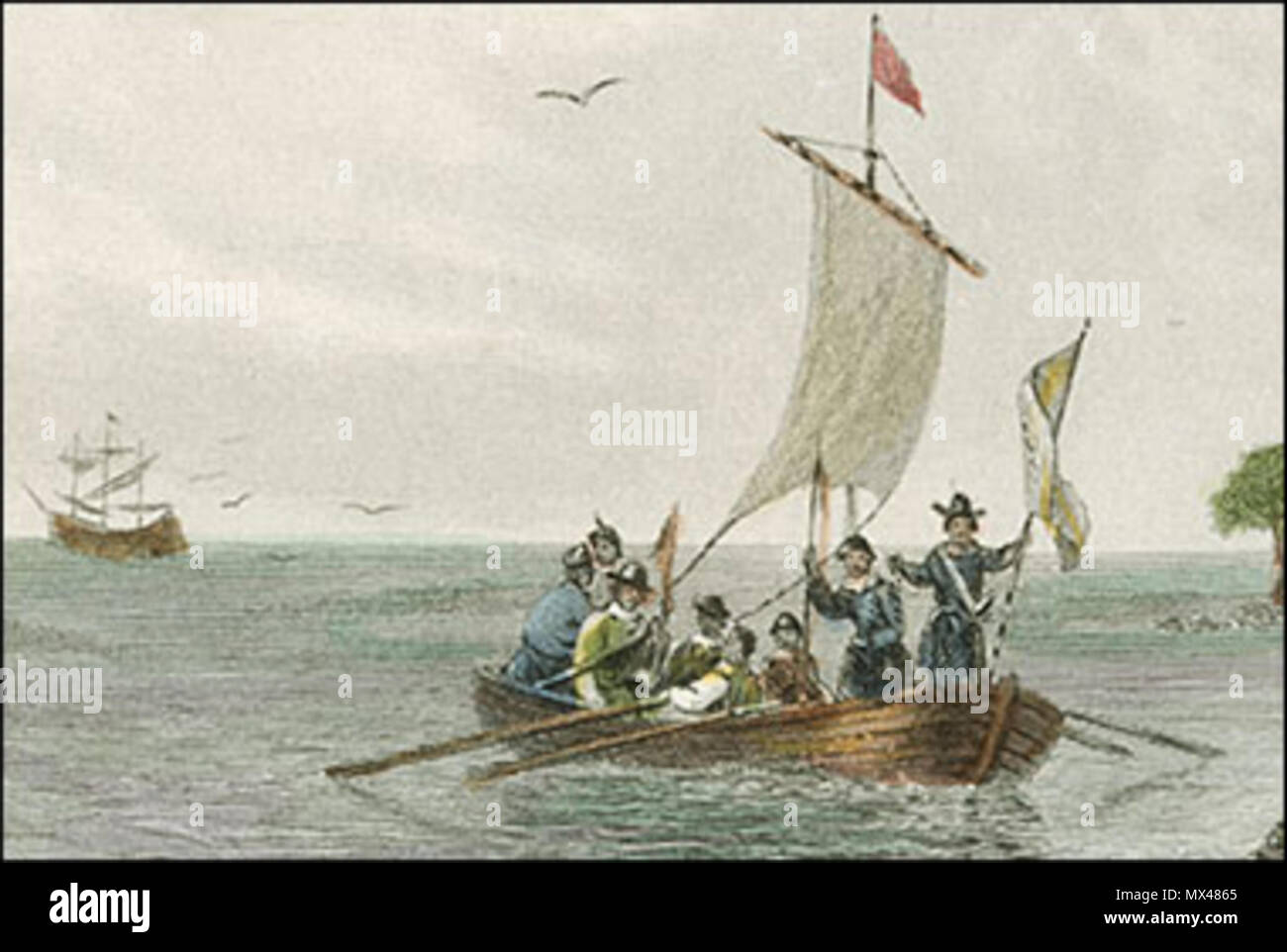 . Inglese: questo dipinto da Seth Eastman, c.1850 rappresenta un 'small' pinnace, una barca di design che è stata usata sui primi viaggi da Inghilterra per stabilire la Popham Colony nel sud del Maine, e insediamento a Jamestown e altri siti su Virginia costiere nel primo decennio del XVII secolo. Il 1584 data si riferisce alla sfortunata, tardo XVI secolo colonia inglese a Roanoke, Virginia. circa 1850. Pittura Originale da Seth Eastman, c.1850. 42 America Pinnace Virginia 1584 Artista Foto Stock