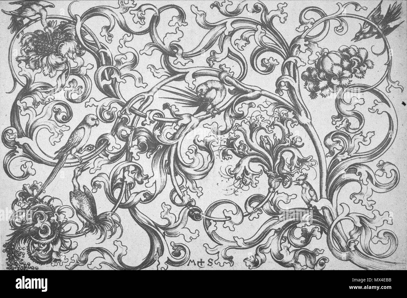404 Martin Schongauer, Querfüllung mit Papageien und Vögeln (L 109) Foto Stock