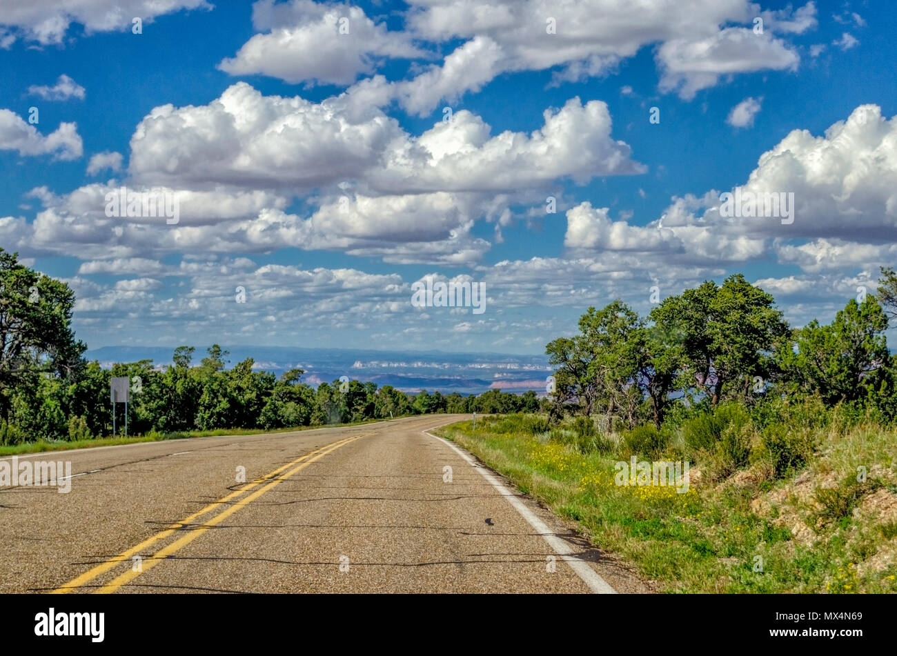 Il vecchio lastricato stradale indietro nel bisogno di riparazione con doppio giallo linee e curve con fogliame verde su ciascun lato della strada sotto un luminoso cielo blu con nuvole. Foto Stock