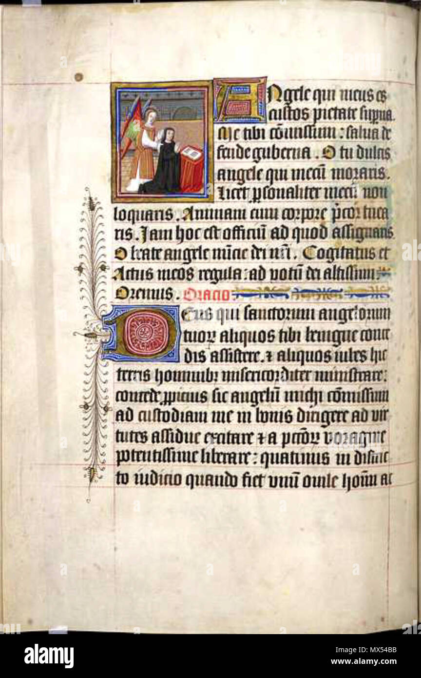 . Folio 66 verso da un libro di ore, miniaturizzato con Patrono e Angelo custode . Questo è un singolare di grandi dimensioni e sontuosamente illuminato Libro d Ore, combinando francese e inglese stili. La prima foglia contiene un elenco di obits membri della famiglia reale e del 4°, 5° e 6° Earls di Ormond e le loro mogli, così fu probabilmente realizzato per Anne Boleyn nonno, Thomas Butler (1426-1515), 7° Conte di Ormond, o un membro della sua famiglia. È stato dato agli inizi del XVI secolo ad una cappella a 'Suthwyke', probabilmente Southwick in Hampshire. Questa piccola miniatura, mostrando un laico in ginocchio assistita da Foto Stock