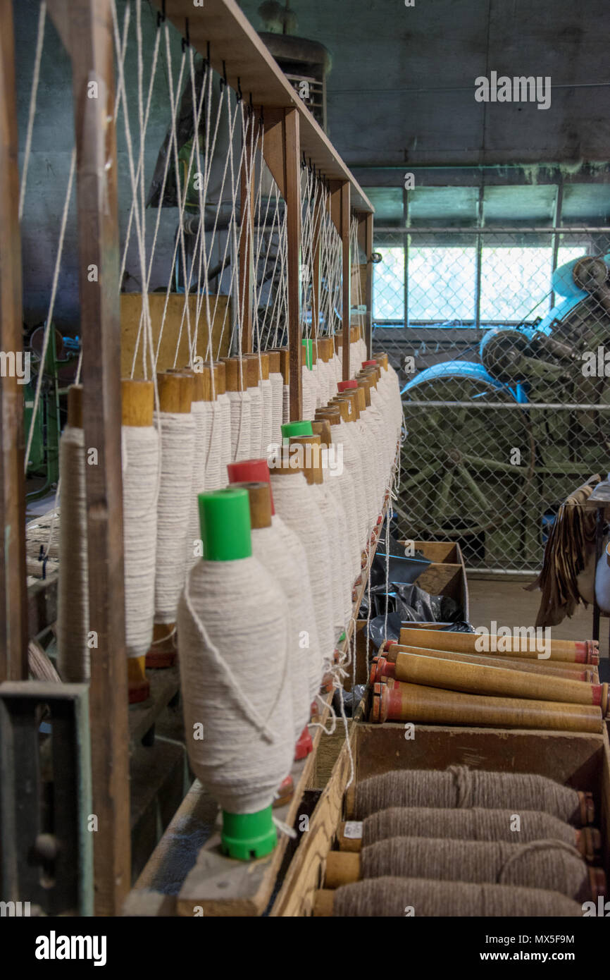 Filati di lana pettinata pronto per essere avvolto in matasse. Custom Woollen Mills, Carstairs, Alberta. Foto Stock