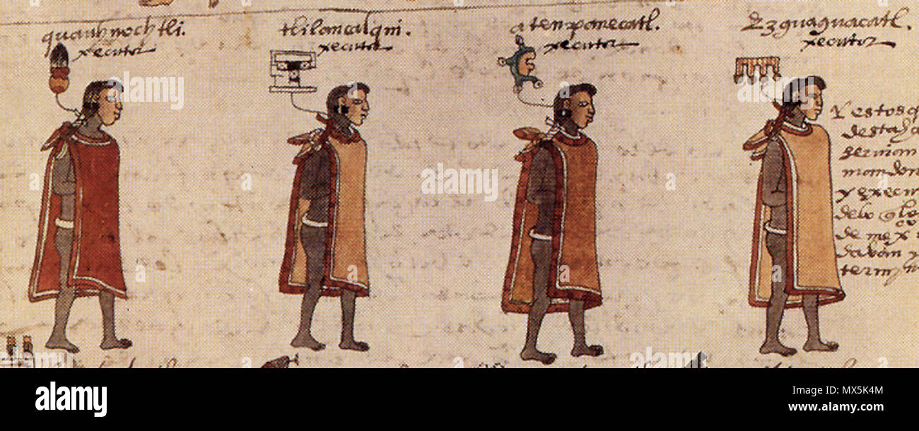 . Inglese: questa è una porzione di folio 65 del Codex Mendoza. I titoli denominati in codex sono: Quauhnochtli Tlillancalqui Atempanecatl Ezguaguacatl . 8 aprile 2014, 17:01:15. L'autore è sconosciuto. Esso è stato commissionato da Antonio de Mendoza. 66 Aztec alta lords top Foto Stock