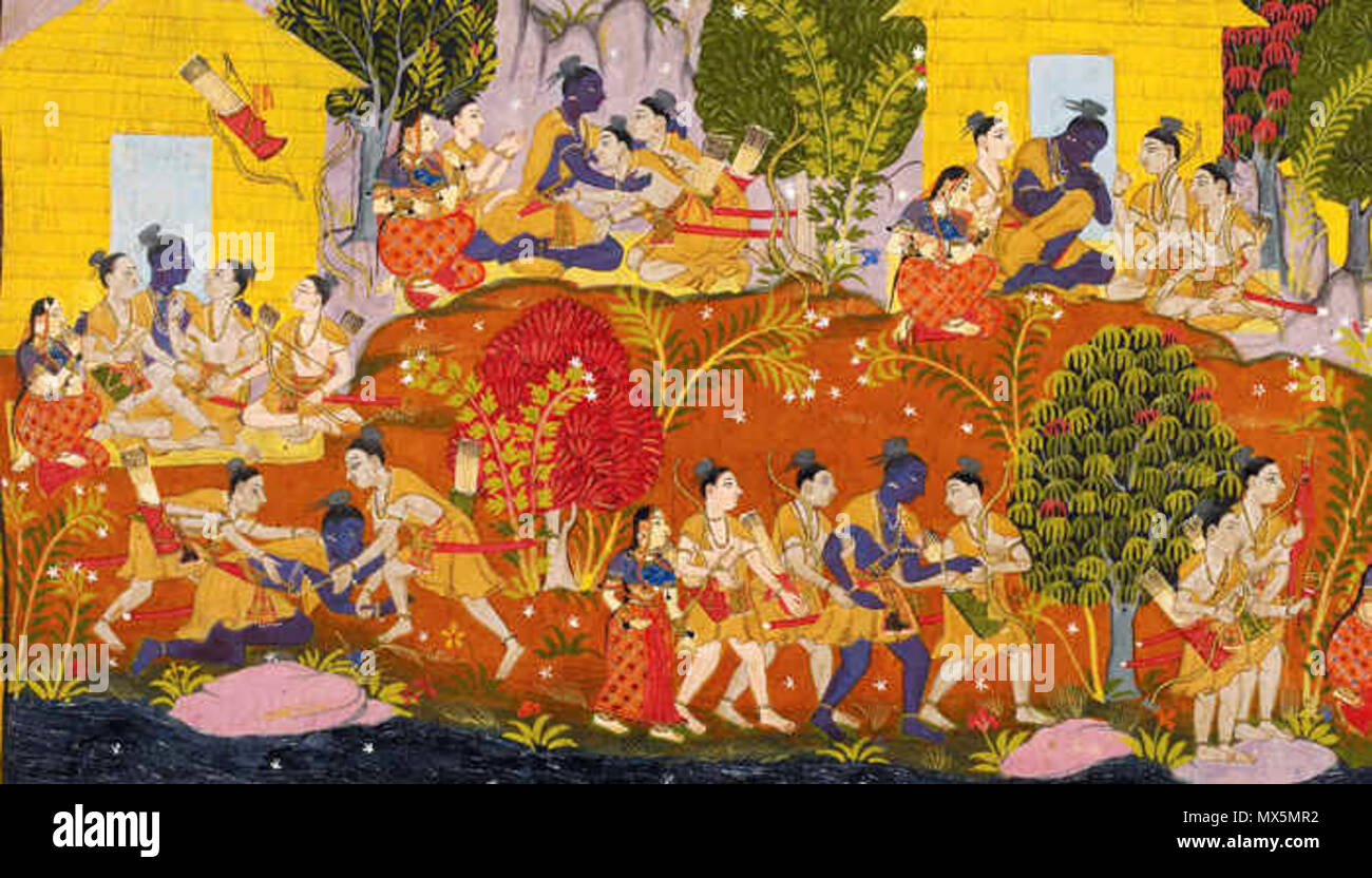 . Inglese: Per la prima volta quasi 120 dipinti dalla British Library è sontuosamente illustrato del xvii secolo Ramayana manoscritti sono sul display per uso pubblico nella sua esposizione estiva: Il Ramayana: Amore e Valor in India del grande epica, 16 maggio - 14 settembre 2008. Il Mewar Ramayana manoscritti erano prodotte tra il 1649 e il 1653 per Rana Jagat Singh di Mewar nella sua corte studio a Udaipur . Illustrato su scala più favoloso, con oltre 400 dipinti. Due volumi sono stati identificati come dipinta di studio master Sahib Din, un pittore musulmano che ha speso la sua vita pittura leggende indù come il RA Foto Stock