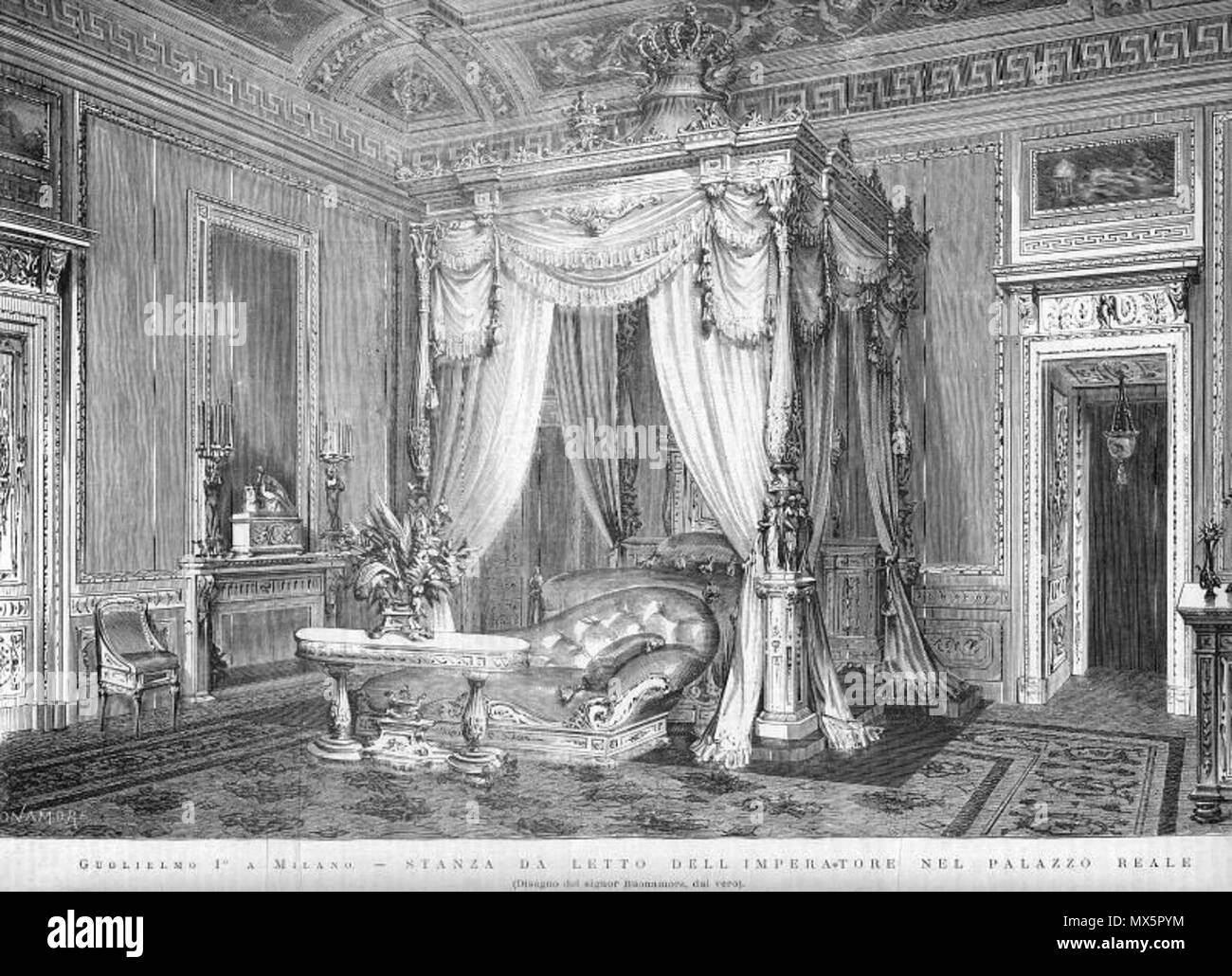 . Italiano: Antonio Bonamore (1845-1907), "Gugliemo I a Milano - Stanza da letto dell'Imperatore nel Palazzo Reale a Milano (17 ott 1875)". Incisione tratta da: "L'Illustrazione Italiana", 1875. Inglese: Antonio Bonamore (1845-1907) - " Wilhelm I in Milano - Il kaiser a camera da letto nel Palazzo Reale di Milano (17 ottobre 1875)". Incisione da "L'Illustrazione Italiana", 1875. . 1875. Antonio Bonamore (1845-1907) 90 Bonamore, Antonio (1845-1907) - Stanza da letto dell'Imperatore nel Palazzo Reale a Milano (17 ott 1875) - Da Illustraz Italiana Foto Stock