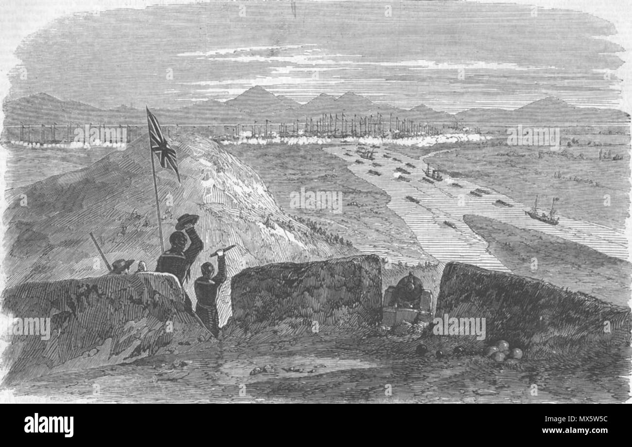 . Inglese: Cina: attacco di giunche, Fatsham Creek, cantone di fiume, 1857. 1857. Illustrated London News 98 British attacco di Giunche mandarino in Fatsham Creek Foto Stock