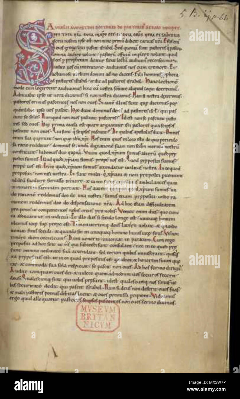 . L'inizio della de pastoribus Sermo da Agostino di Ippona da un manoscritto di varie opere di Agostino, con iniziale decorata 99 BritLibRoyal5BIIFolio002r Foto Stock