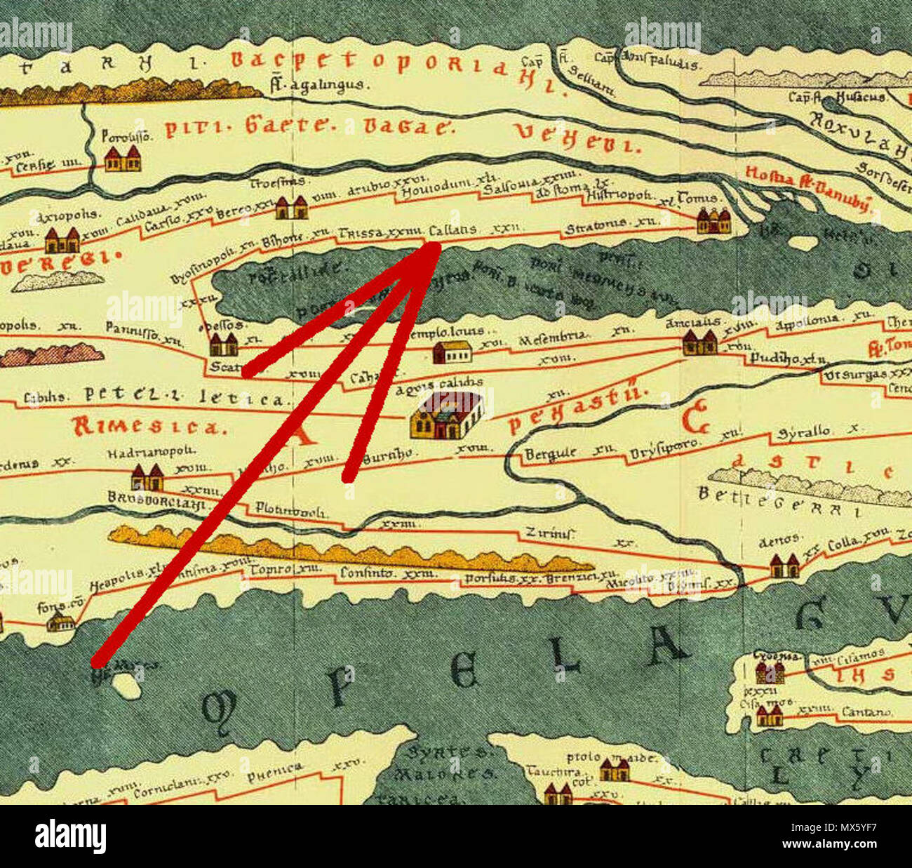 . Inglese: intaglio dalla Tabula Peutingeriana, 1-4secolo CE. Edizione Facsimile da Conradi Millieri, 1887/1888; la freccia rossa mostra Tabula Peutingeriana luoghi nella moderna Romania; sulla mappa: Callatis; nella moderna Romania: città di Mangalia Deutsch: Ausschnitt aus der Tabula Peutingeriana; Orte und Stationen auf der Tabula Peutingeriana im heutigen Rumänien; der rote Pfeil auf der Karte zeigt: Callatis; im heutigen Rumänien: Stadt Mangalia . 18 febbraio 2012, 00:07 (UTC). Conradi Millieri TabulaPeutingeriana.jpg: *lavoro derivato: Bin im Garten (PARLA) 109 Callatis Mangalia TabulaPeutingeriana Foto Stock