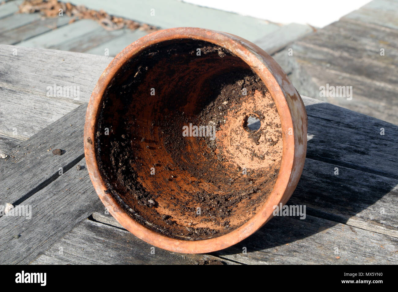 Svuotare pentola di creta sul suo lato, con un po' di sporco sulle pareti interne Foto Stock