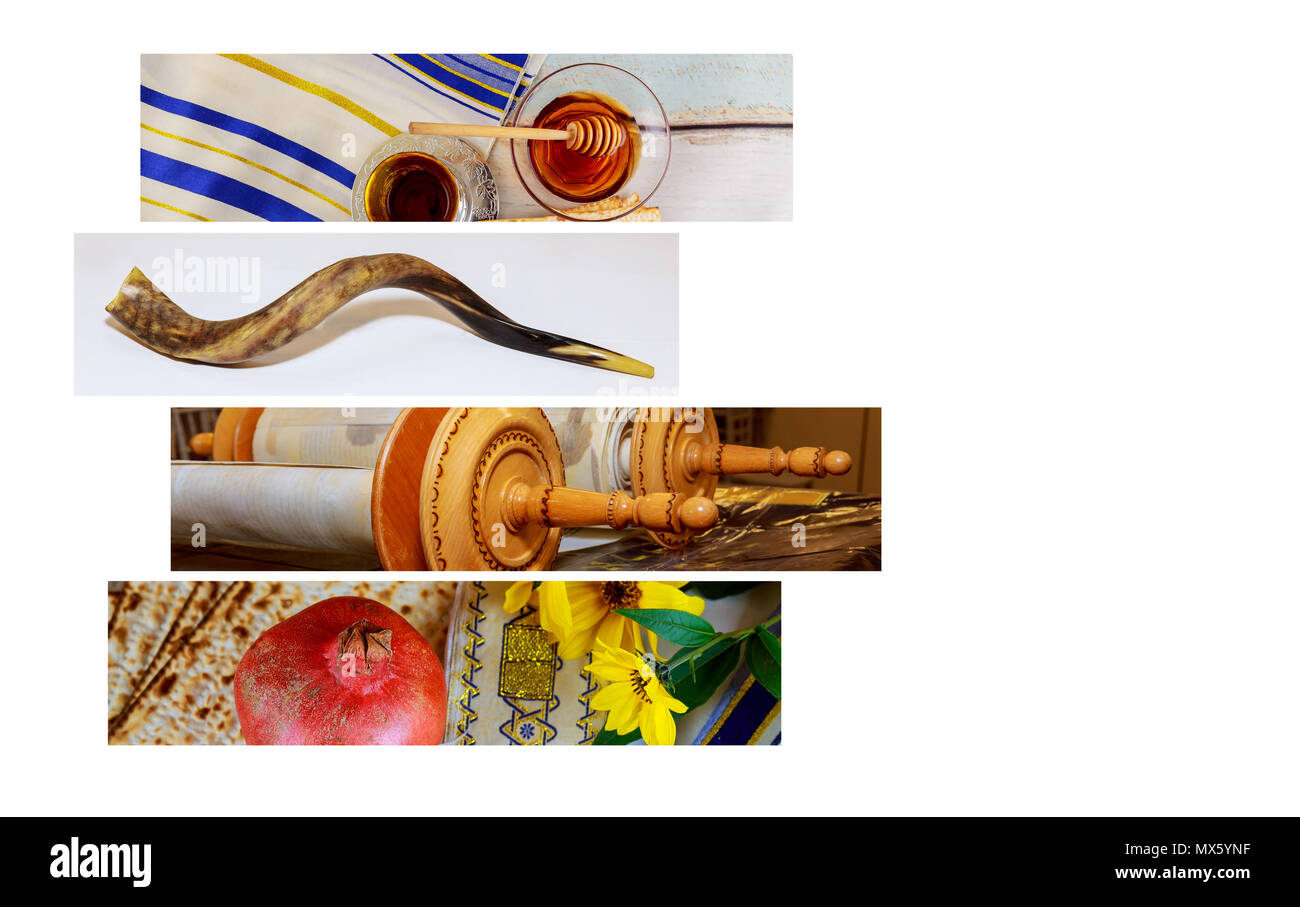 Festa ebraica di Rosh hashanah jewish Anno Nuovo Concetto di vacanza. Simboli tradizionali Foto Stock