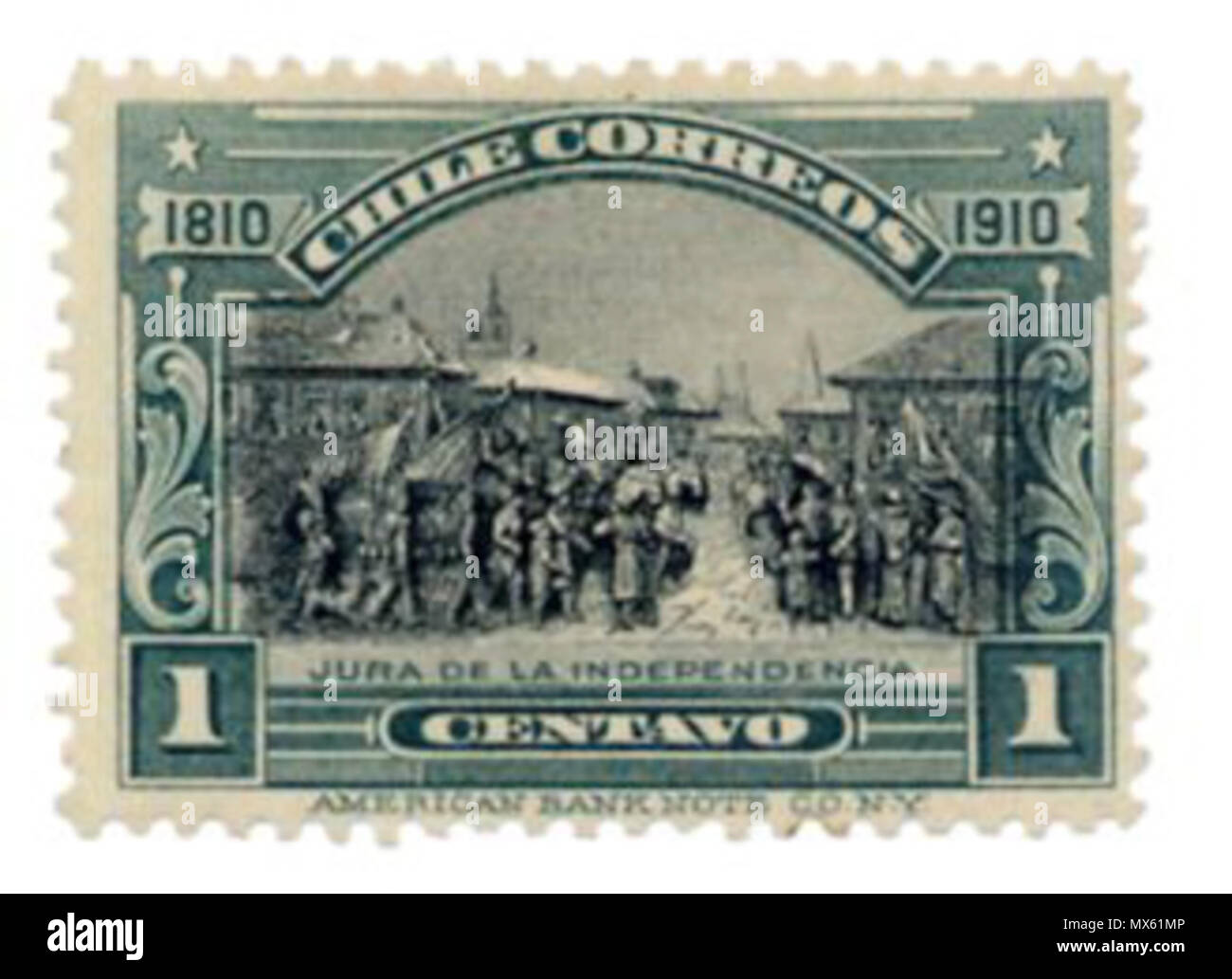 . Inglese: Estampilla de 1 centavo, conmemorativa del Centenario de Chile. Imagen escaneada de la Colección personal de Usuario:FS90, enero de 2010. 1910. Sfs90 120 Centenario cile 1 centavo Foto Stock