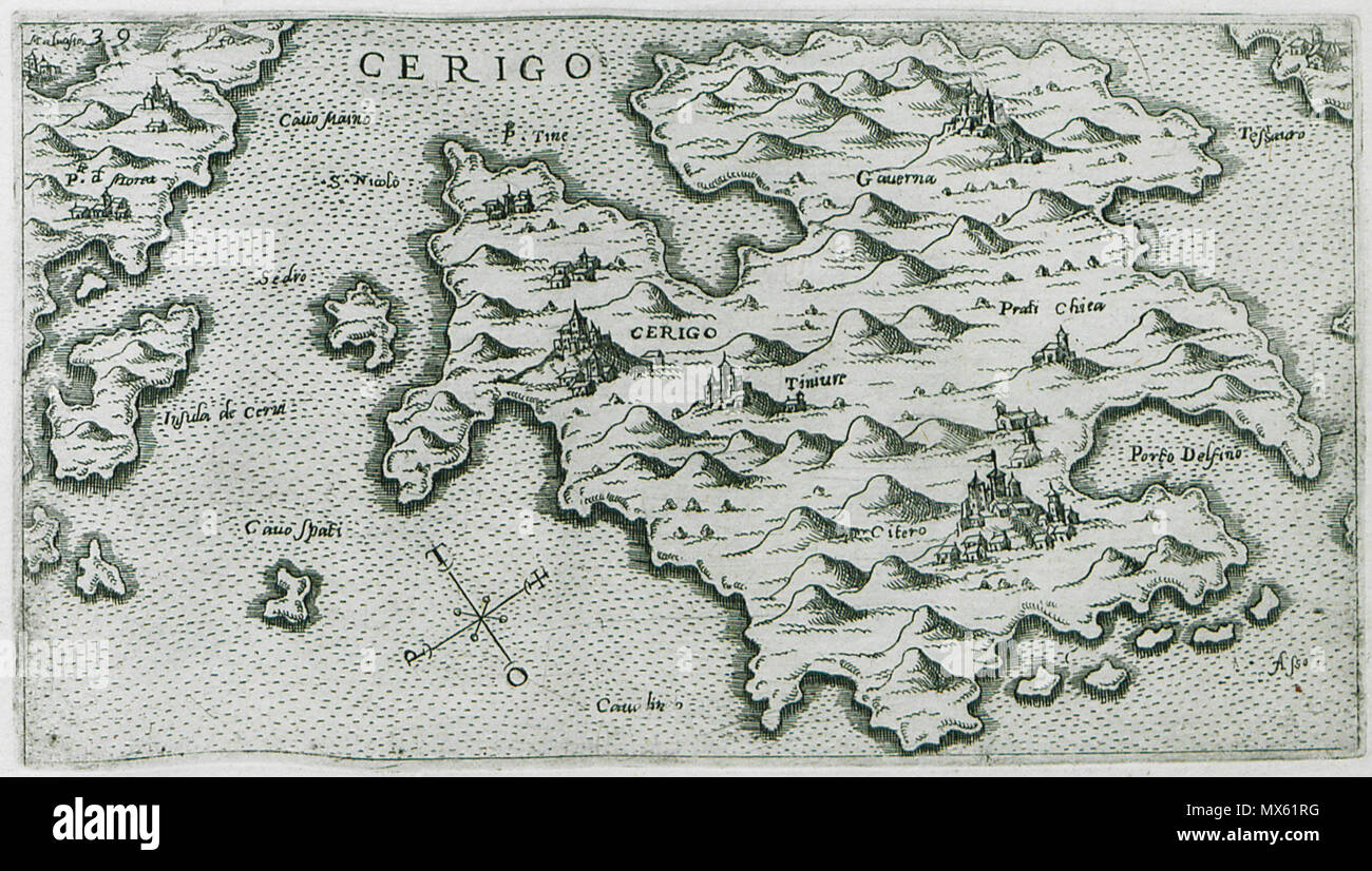 . Inglese: Giuseppe Rosaccio. Viaggio da Venezia a Costantinopoli : per mare e per terra & insieme quello di Terra Santa, Venezia, Giacomo Franco, 1598 . 1598. Giuseppe Rosaccio (1530-1620) Descrizione geografo italiano medico e data di nascita e morte 1530 1620 competente controllo : Q16116881 VIAF: ISNI 92131: 0000 0001 0861 3205 LCCN: N87864044 NLA: 40561068 GND: 125001916 WorldCat 121 Cerigo - Giuseppe Rosaccio - 1598 Foto Stock