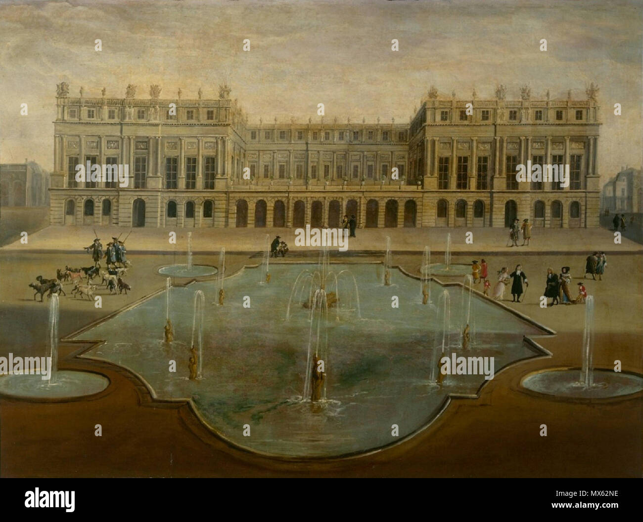 . Deutsch: Ansicht des Schlosses Versailles um 1675, vor dem Bau der Spiegelgalerie Français : vue du Château de Versailles sur le parterre d'Eau vers 1675, avant la costruzione de la Galerie des glacés . circa 1675. Anonimo, scuola di francese 125 Chateau de Versailles 1675 Foto Stock