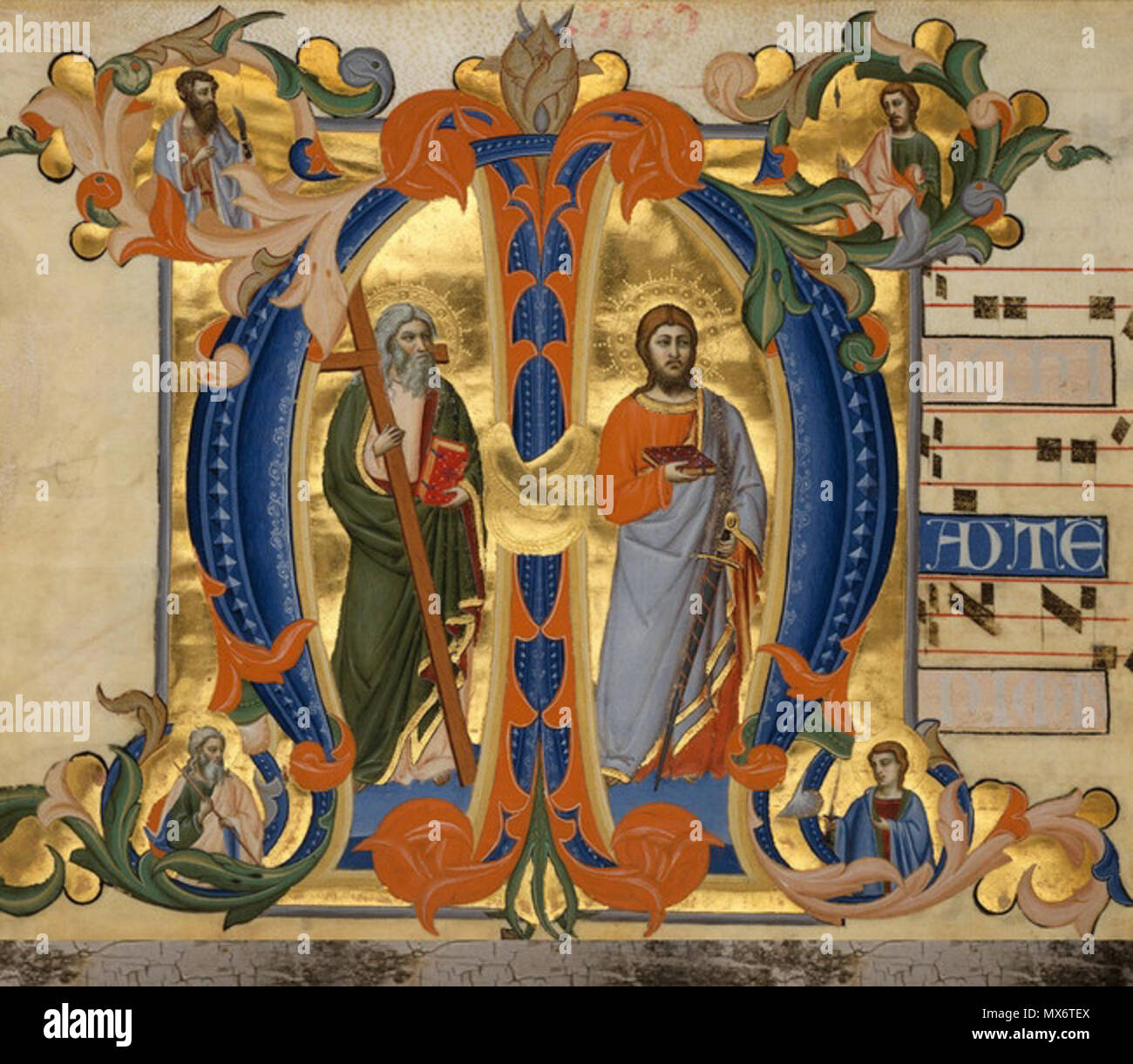 . Inglese: Don Silvestro dei Gherarducci - iniziale M con i Santi Giacomo e Andrea (Nelson-Atkins Museum of Art). Tempera e foglia oro su pergamena, foglia da un antifonario. 31.43 x 39.85 cm. Circa 1380. circa 1380. Don Silvestro dei Gherarducci (1339-1399) Descrizione pittore italiano e illuminatore Data di nascita e morte 1339 1399 Luogo di nascita e morte Firenze Firenze lavoro periodo medievale posizione di lavoro Firenze competente controllo : Q3960740 VIAF: 95822894 ISNI: 0000 0000 7105 3426 ULAN: 500022992 LCCN: nr94017599 WGA: GHERARDUCCI, Don Silvestro dei WorldCat 168 Don Silvestro dei GH Foto Stock