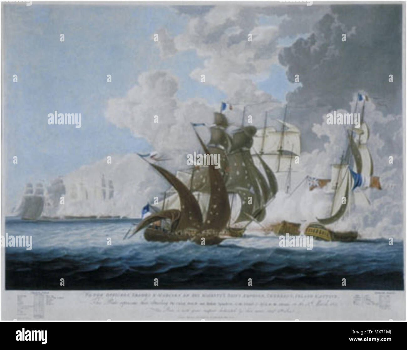 . Inglese: La Battaglia di Lissa il 13 marzo 1811; sotto l'immagine sono tabelle di francese e inglese le forze e la didascalia recita: PER GLI UFFICIALI, i marinai e marines DELLA SUA MAESTÀ IL NAVI AMPHION, CEREBUS, tensione & attivo., / questa piastra rappresenta la loro di attaccare il Regno italiano e francese squadroni fuori dell'isola di Lissa nel Mare Adriatico, sulla 13.Marzo 1811. / Questa piastra è con grande rispetto dedicata da loro più obed.t h.ble serv.t / Londra. Pubblicato Feb.y 1.ST 1812. da R. Lambe. N.o 39. Fleet Street. Pubblicato il 1 Febbraio 1812 da R Lambe, 39 Fleet Street, Londra. Incisione di Henri Foto Stock